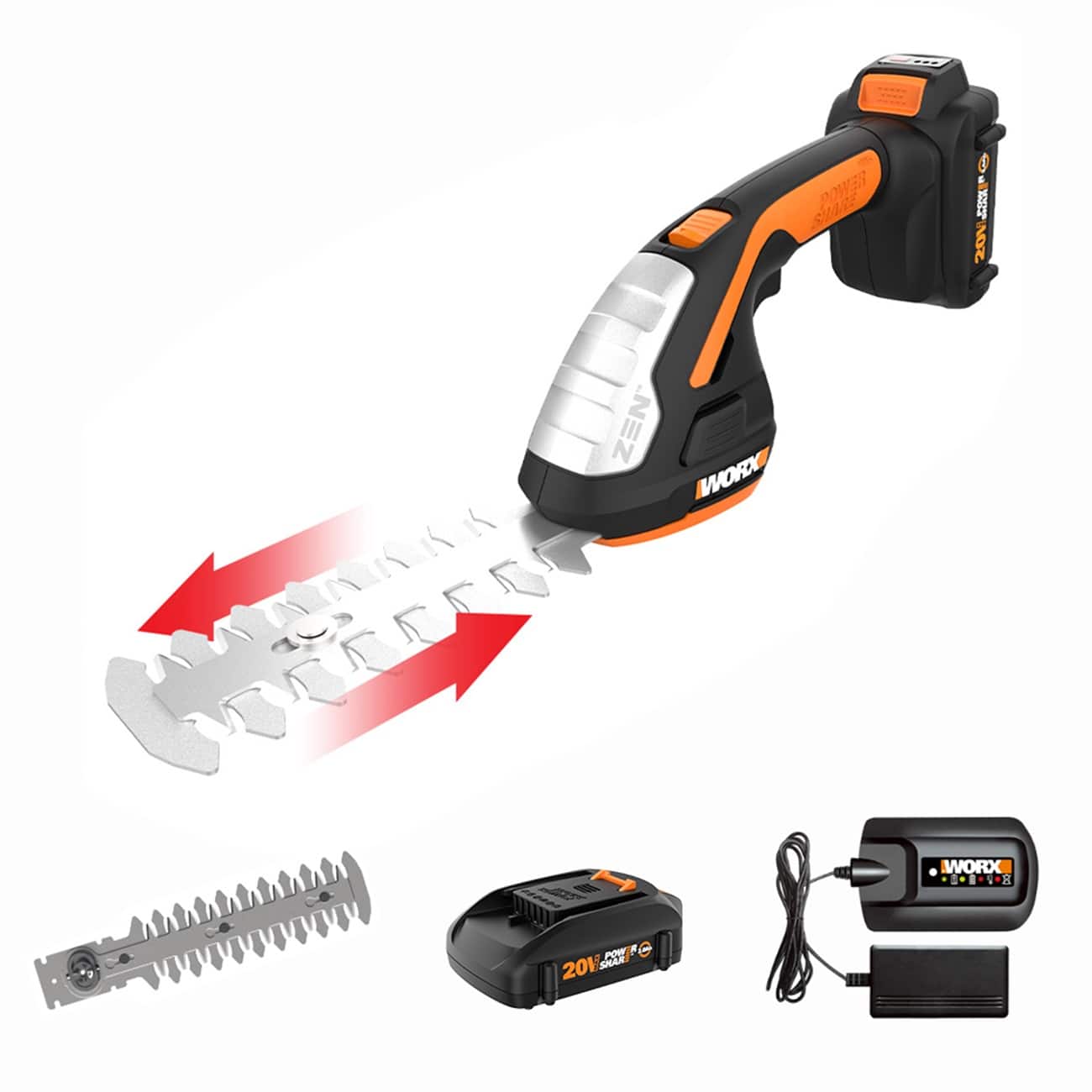 The image features a Worx brand electric tool, which is a combination of a drill and a saw. The tool is designed to make cutting and drilling tasks easier and more efficient. The tool is shown in action, cutting through a piece of wood.
In addition to the main tool, there are several other items in the image, including a spade, a pair of scissors, and a pair of pliers. These items are likely used for various tasks around the house or workshop. The presence of these tools suggests that the image may be promoting a toolkit or showcasing a collection of useful tools.