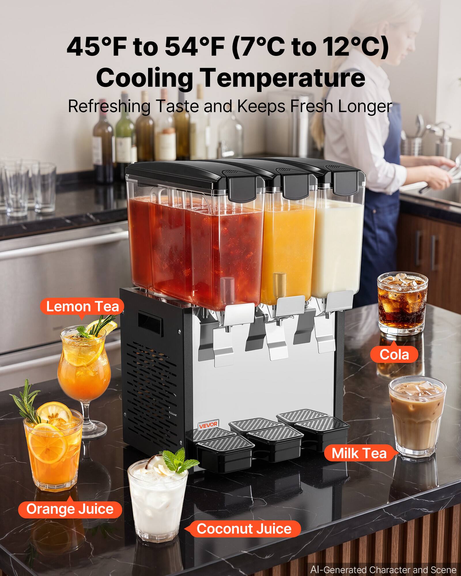 45°F to 54°F (7°C to 12°C) Cooling Temperature  
Refreshing Taste and Keeps Fresh Longer

Lemon Tea  
Cola  
Milk Tea  
Orange Juice  
Coconut Juice  

AI-Generated Character and Scene