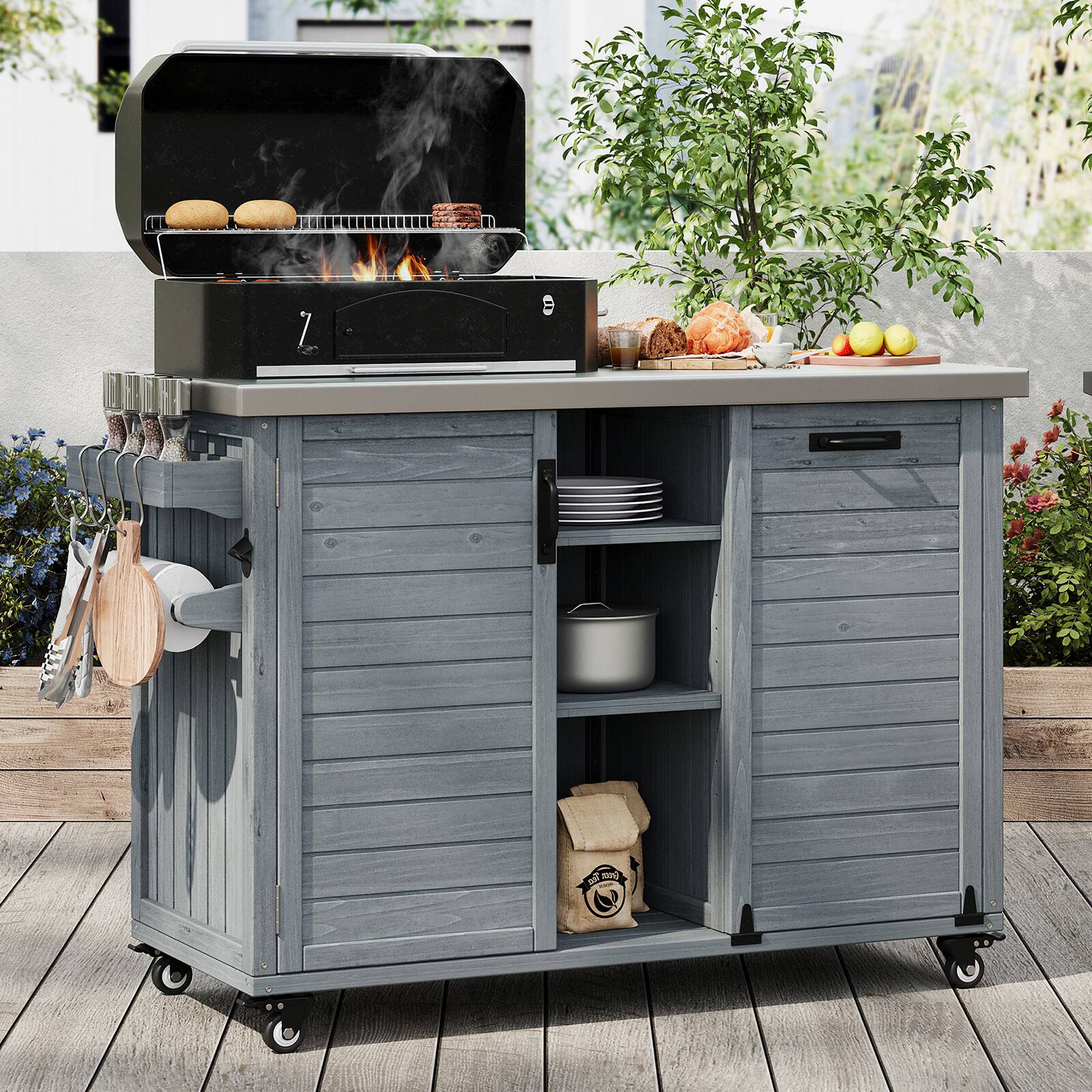 Alt View 1. Chateau Abodes - 78.3" Outdoor Kitchen Island with Foldable Grill Table, Wooden Cart with Stainless Steel Top & Trash Storage - Grey Blue.