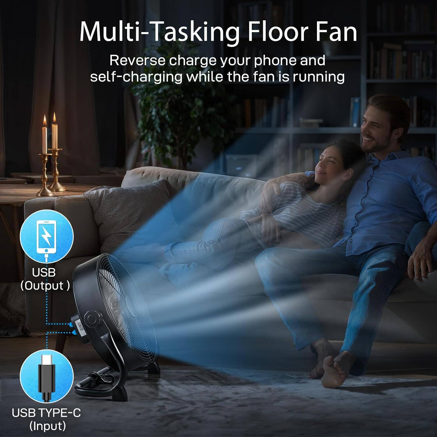 Multi-Tasking Floor Fan  
Reverse charge your phone and self-charging while the fan is running  

USB (Output)  
USB TYPE-C (Input)