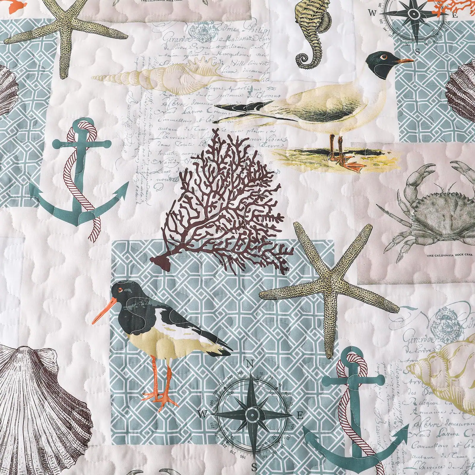 Certainly! Here is the corrected and grouped text from the image:

---

**Top Left:**
- "Grande De Malle"

**Top Right:**
- "W"
- "E"
- "S"
- "N"

**Middle Left:**
- "Grande De Malle"

**Middle Right:**
- "W"
- "E"
- "S"
- "N"

**Bottom Left:**
- "Grande De Malle"

**Bottom Right:**
- "Grande De Malle"

**Additional Text:**
- "Cirarioe alunits"
- "Nil Chu li nd"
- "1 R Cemno a Hern Iruerier"
- "Larie a Caa Lee D plaisn Viis Dam Zuti"
- "W"
- "C...I. .. o. a Cirer'a Delon J P4 oit A IN S R i D Laligion e J aerre Ieuetvan"
- "Laroe C. Conmuors"
- "a stam Cese Mercia D."

---

This text appears to be part of a decorative or artistic piece, possibly a quilt or a collage, with various elements like anchors, birds, and marine life.