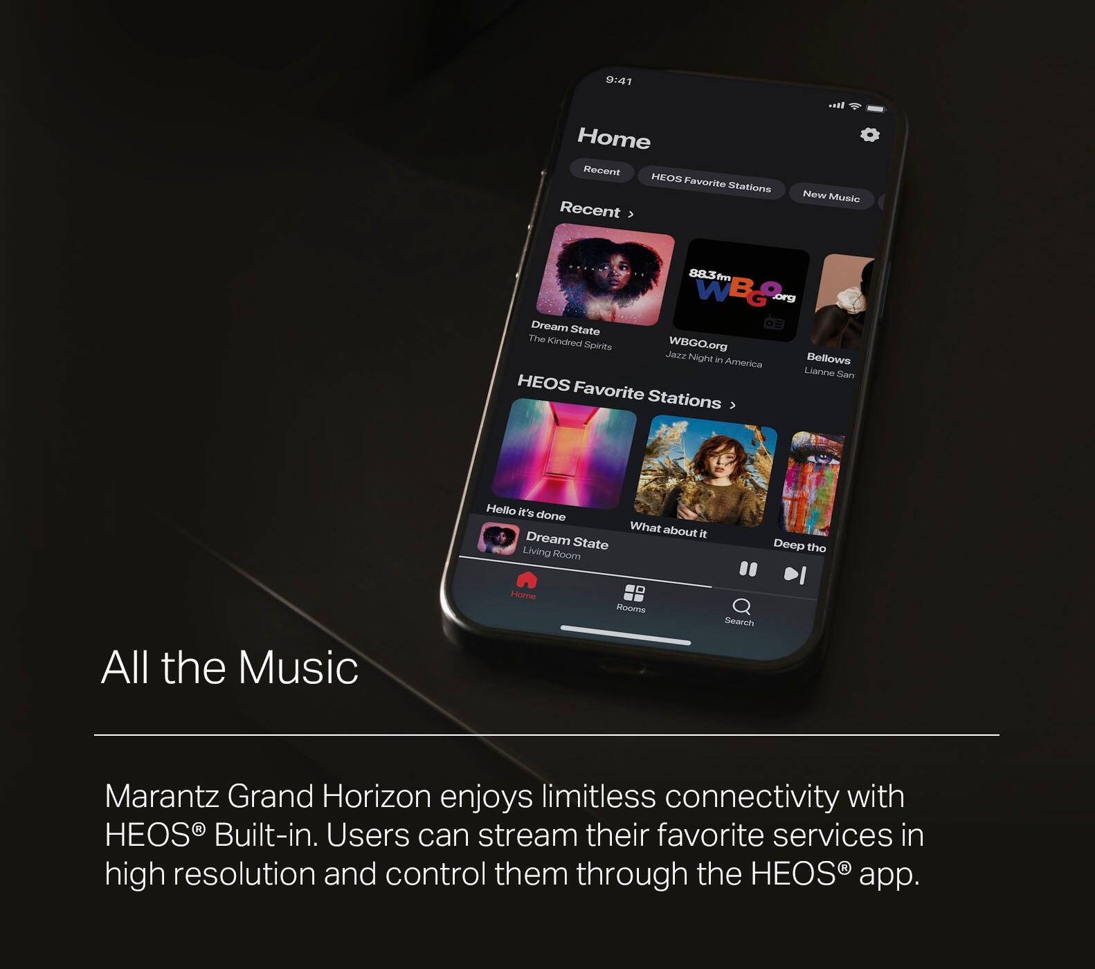 The text on the image is already grouped and correctly written. It reads:

"Marantz Grand Horizon enjoys limitless connectivity with HEOS Built-in. Users can stream their favorite services in high resolution and control them through the HEOS app."