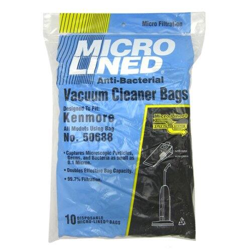 Micro Filtration  
MICRO LINED  
Anti-Bacterial  
Vacuum Cleaner Bags  

Designed to Fit:  
Kenmore Micro-Liners  
All Models Using Bag No. 50688  

- Captures Microscopic Particles, Germs, and Bacteria as small as 0.1 Micron.  
- Doubles Effective Bag Capacity.  
- 99.7% Filtration.  

10 Disposable MICRO-LINED BAGS