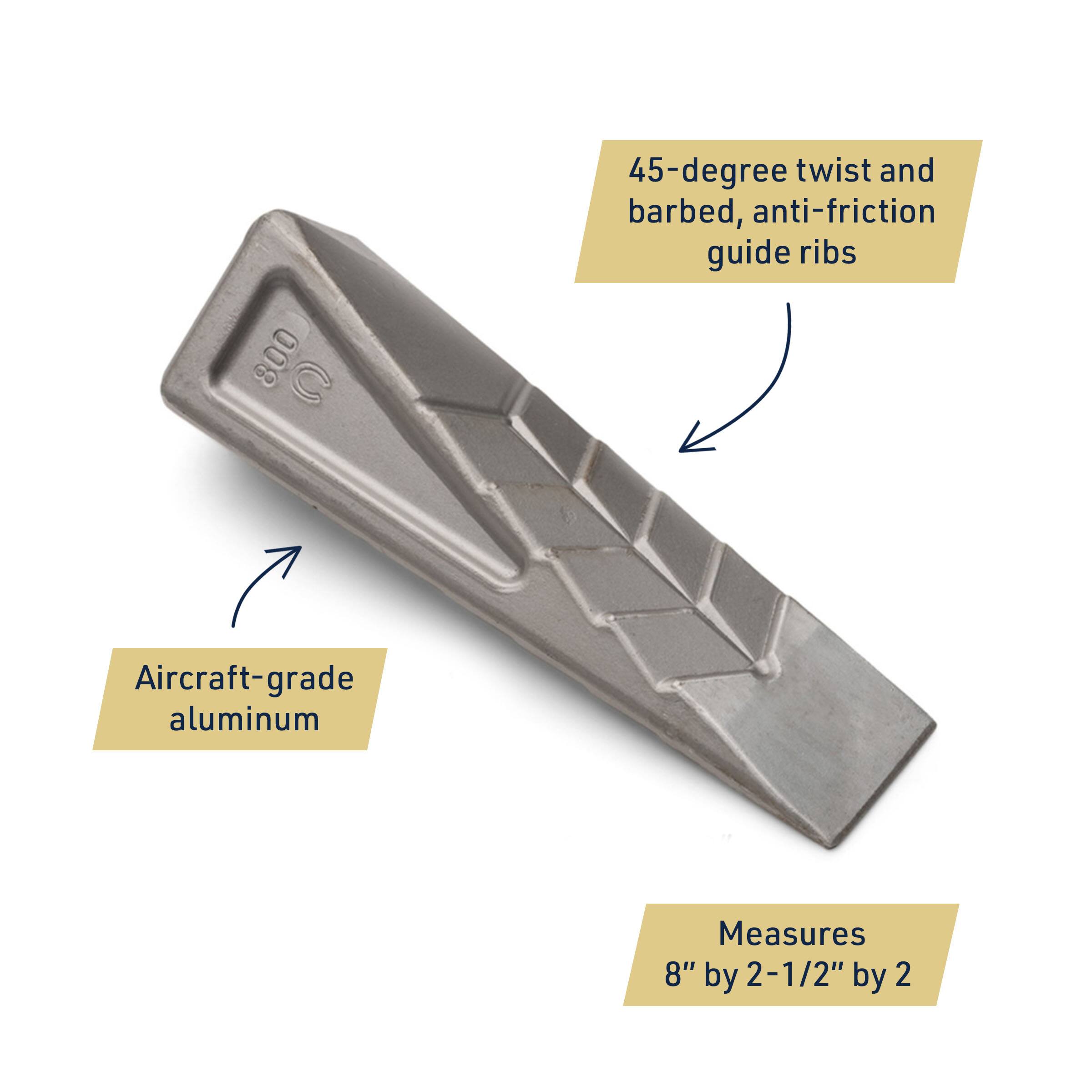 45-degree twist and barbed, anti-friction guide ribs  
Aircraft-grade aluminum  
Measures 8" by 2-1/2" by 2"