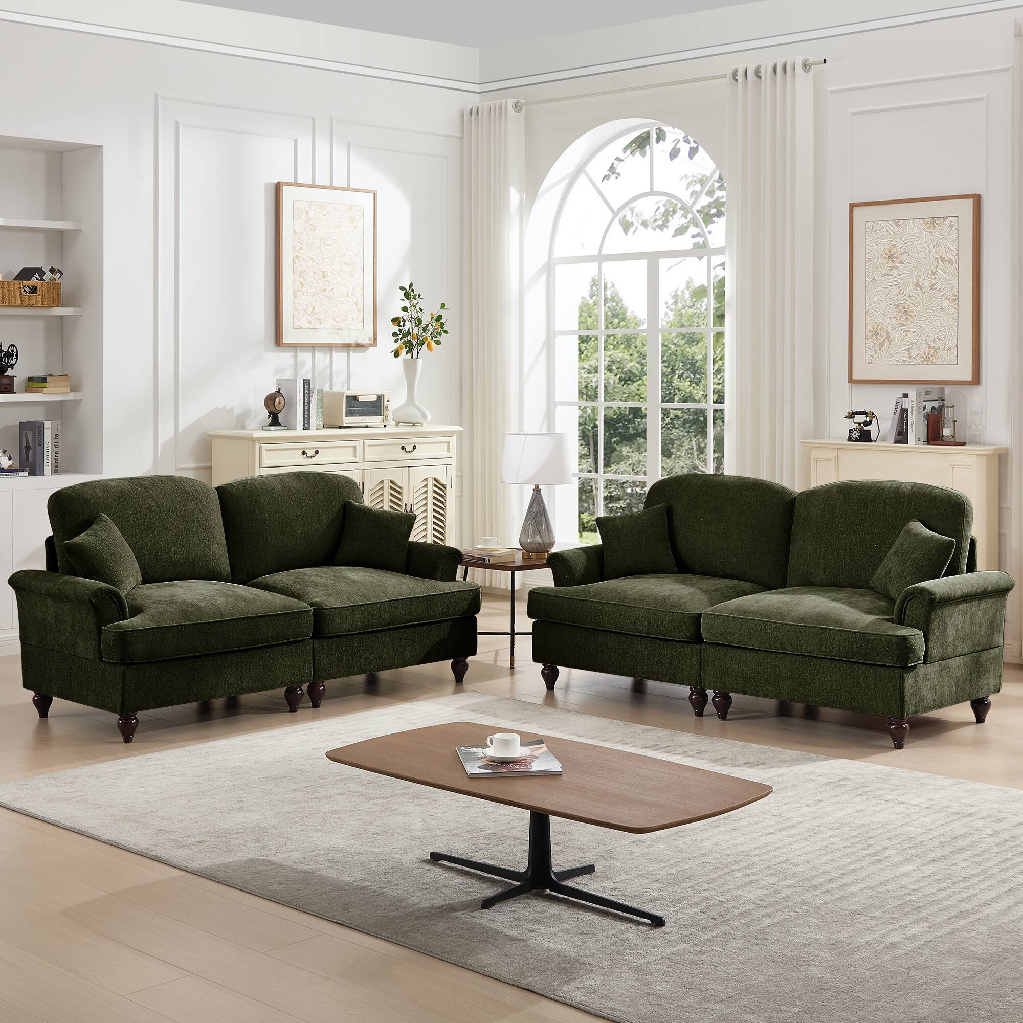 Angle. Anysun - Classic 2-Piece Chenille Sofa Set - Flared Arms, Ruffled Skirt & Spindle Legs (2+2 Seat Sofa) for Living Room - Green.