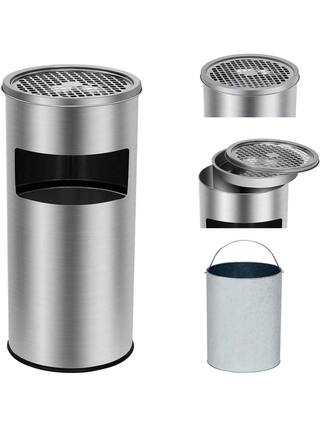 Front. GARVEE - Commercial Indoor Outdoor Trash Can Stainless Steel Round Garbage Can With Removable Inner Bucket And Ashtray Waste Bin - 4.5 Gallons.