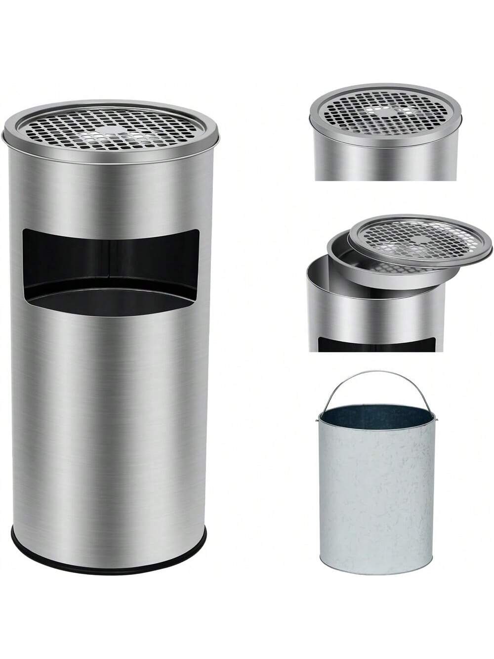 Front. GARVEE - Commercial Indoor Outdoor Trash Can Stainless Steel Round Garbage Can With Removable Inner Bucket And Ashtray Waste Bin - 4.5 Gallons.