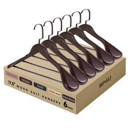 BP4U - 6-Pack Premium Wide Shoulder Wooden Suit Hangers, 17.5" Men's Solid Wood Clother Hangers with Pant Bar - Dark Cherry