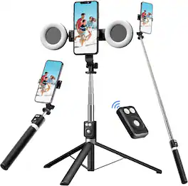 Schertz - Selfie Stick Tripod with Fill Light – Bluetooth Remote, Stainless Steel, 3-Leg Support for Video & Live Streaming (Black