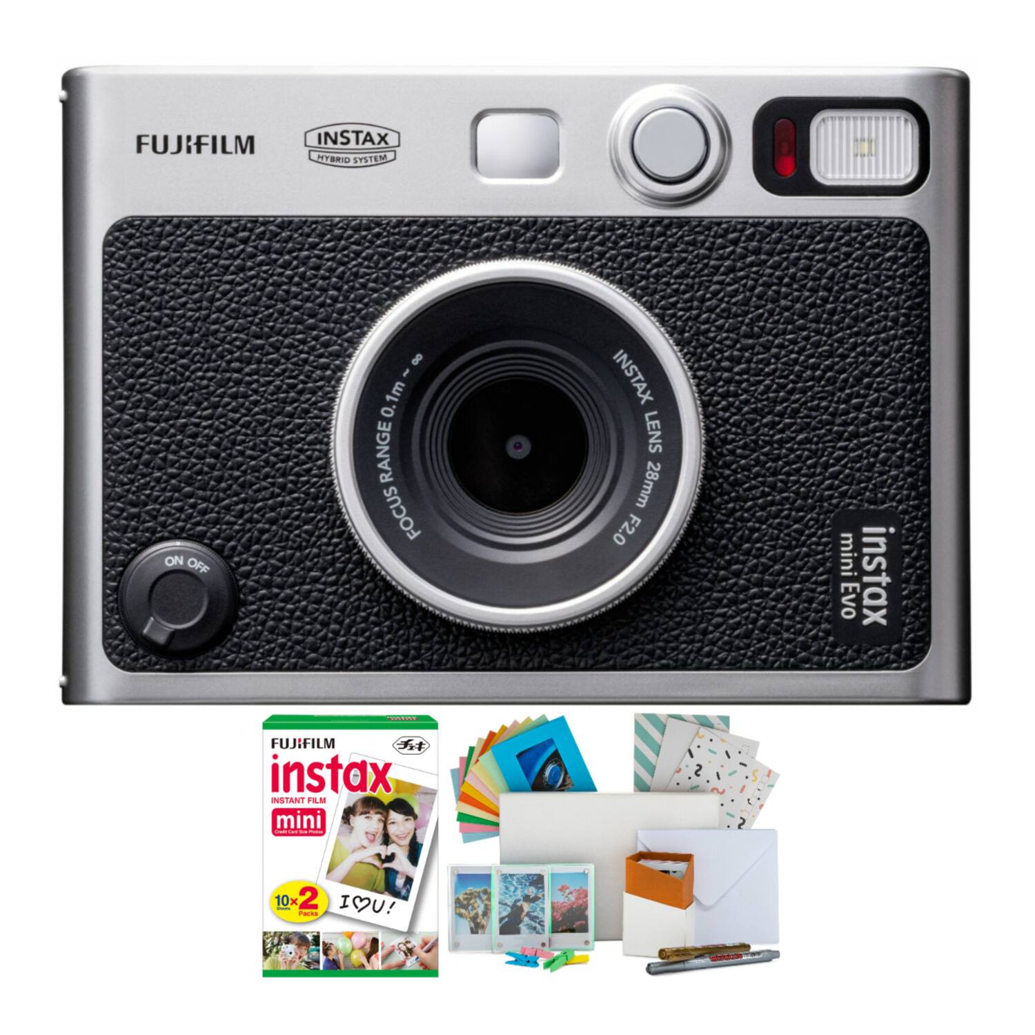FUJIFILM INSTAX HYBRID SYSTEM ON OFF 0.1m FOCUS RANGE INSTAX LENS 28mm F2.0 mini instax Evo | FUJIFILM instax INSTANT FILM mini I | 10x I 2 IOU! I -
