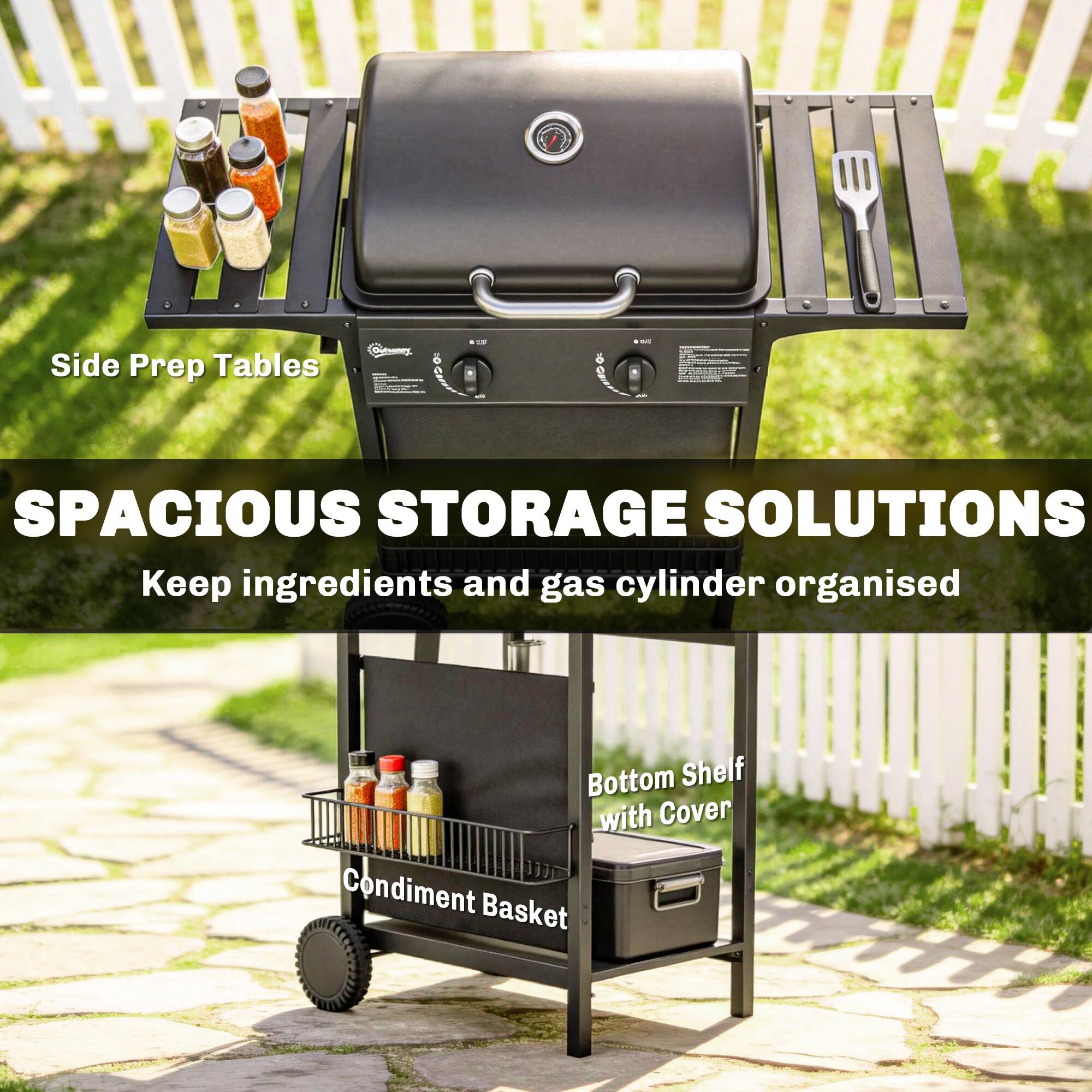 Side Prep Tables

SPACIOUS STORAGE SOLUTIONS

Keep ingredients and gas cylinder organised

Bottom Shelf with Cover

Condiment Basket