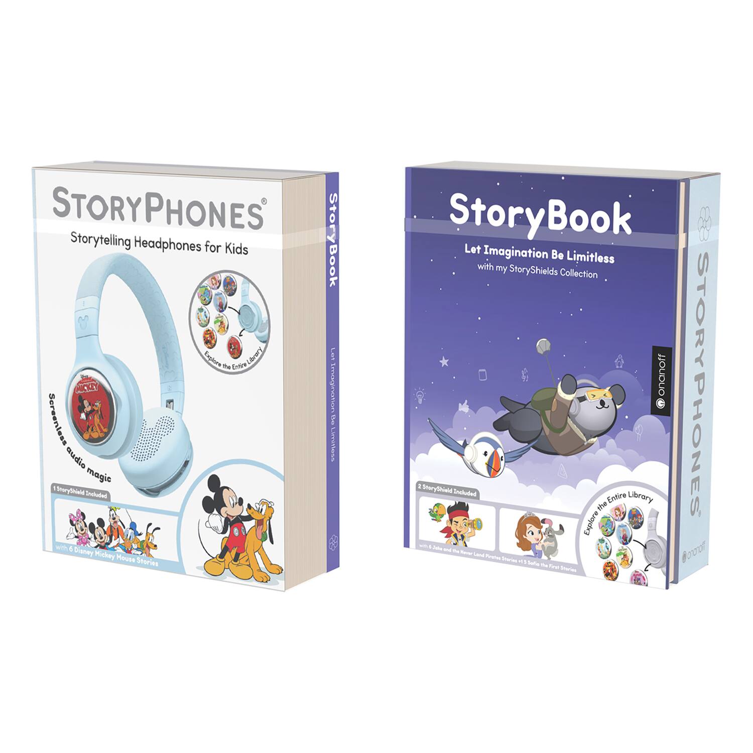 **STORYPHONES®**  
Storytelling Headphones for Kids  

Screenless audio magic  
8 StoryShields Included  
with Disney Mickey Mouse Stories  

**StoryBook**  
Let Imagination Be Limitless  
with my Story-Shields Collection  

2 StoryShields Included  
Explore the Entire Library  
with J. M. Barrie's Peter Pan: The Pirate Fairy Stories & Peter Pan Stories  

STORYPHONES®