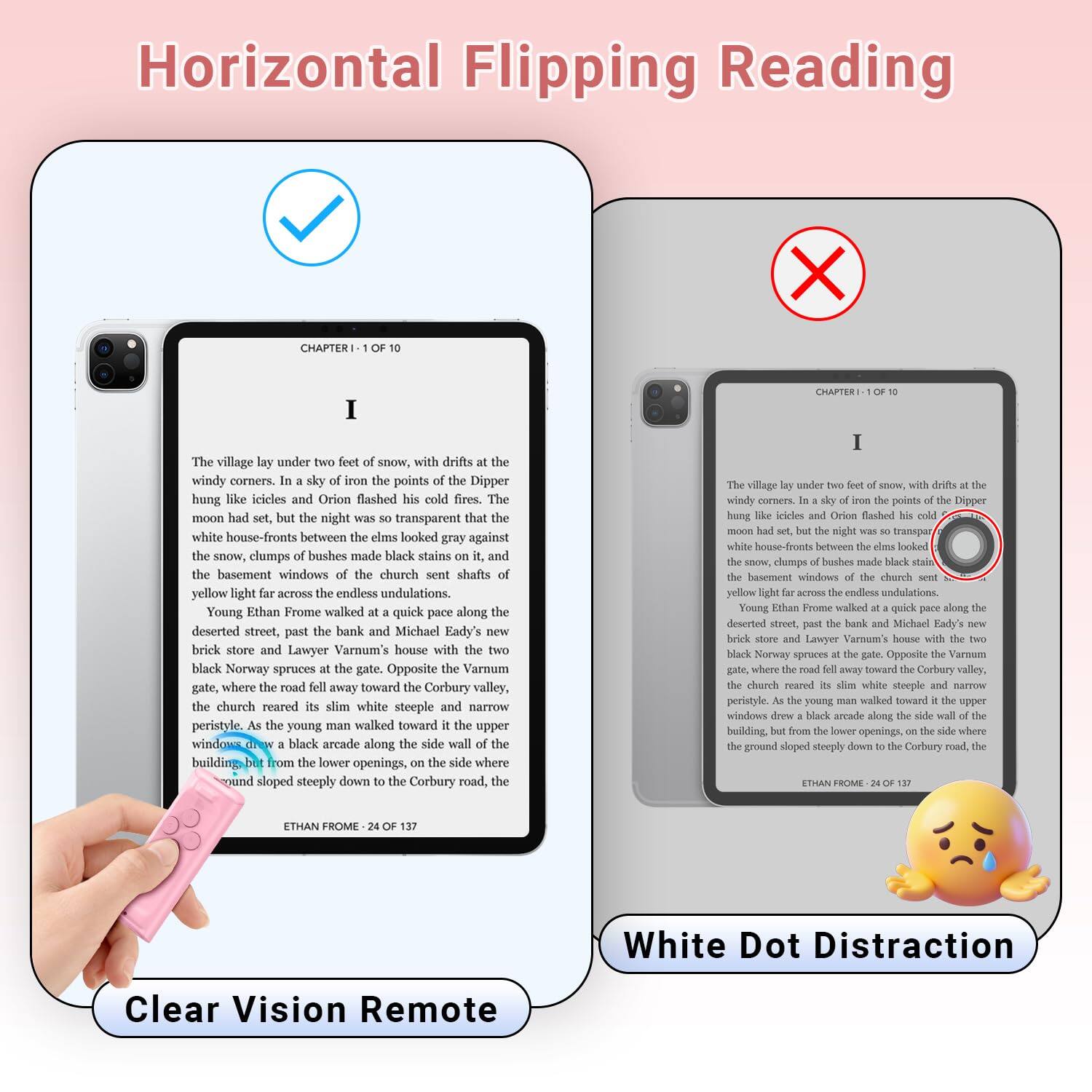 **Horizontal Flipping Reading**

---

**Clear Vision Remote**

---

**CHAPTER I**

The village lay under two feet of snow, with drifts at the windy corners. In a sky of iron the points of the Dipper hung like icicles and Orion flashed his cold fires. The moon had set, but the night was so transparent that the white house-fronts between the elms looked gray against the snow, clumps of bushes made black stains on it, and the basement windows of the church sent shafts of yellow light far across the endless undulations.

Young Ethan Frome walked at a quick pace along the deserted street, past the bank and Michael Eady's new brick store and Lawyer Varnum's house with the two black Norway spruces at the gate. Opposite the Varnum gate, where the road fell away toward the Corbury valley, the church reared its slim white steeple and narrow peristyle. As the young man walked toward the upper windows of the black arcade along the side wall of the building, but from the lower openings, on the side where the ground sloped steeply down to the Corbury road, the

---

**White Dot Distraction**

---

**CHAPTER I**

The village lay under two feet of