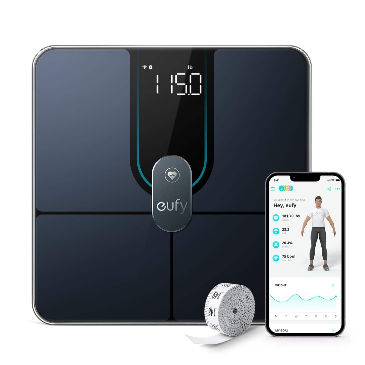 eufy - by Anker, Smart Scale C1 with Bluetooth, Body Fat Scale, Wireless Digital Bathroom Scale - Black