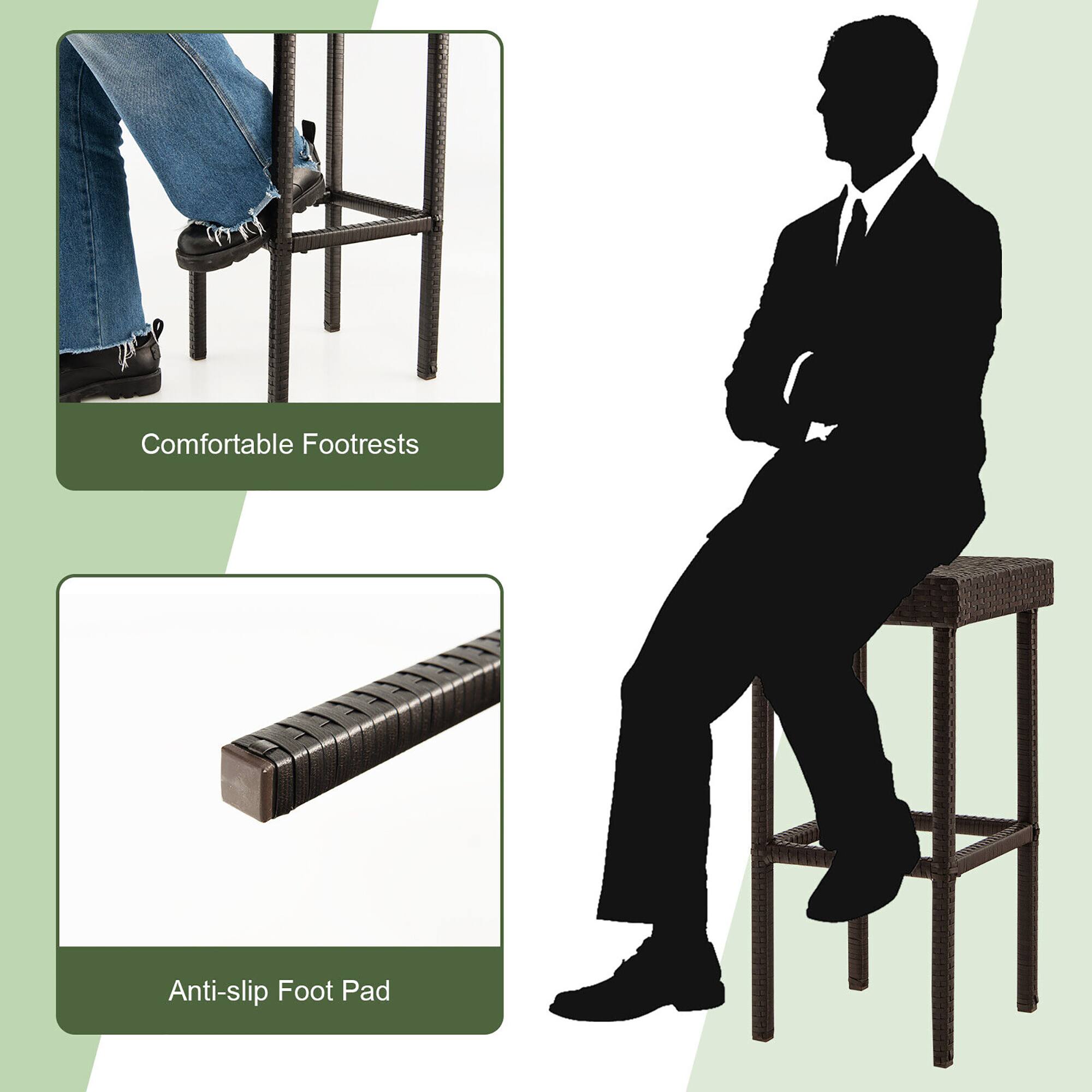 The text in the image can be grouped and corrected as follows:

1. **Comfortable Footrests**
   - This is shown by the image of a person's foot resting on the footrest of a stool.

2. **Anti-slip Foot Pad**
   - This is shown by the image of the anti-slip foot pad, which is designed to provide stability and prevent slipping.