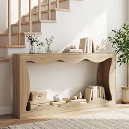 Costway - 63" Console Table, 2-Tier Narrow Entryway Table with Wavy Edge Storage Shelf - Natural