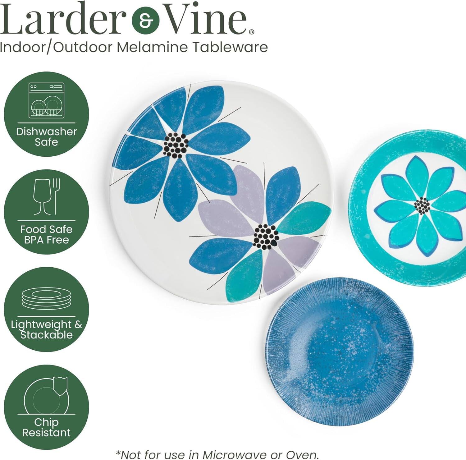 Larder & Vine. Indoor/Outdoor Melamine Tableware Dishwasher Safe Food Safe BPA Free Lightweight & Stackable Chip Resistant *Not for use in Microwave or Oven.