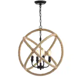 Jonathan Y - Soka 4-Light 20" Adjustable Globe Metal/Rope LED Pendant - Black/Brown