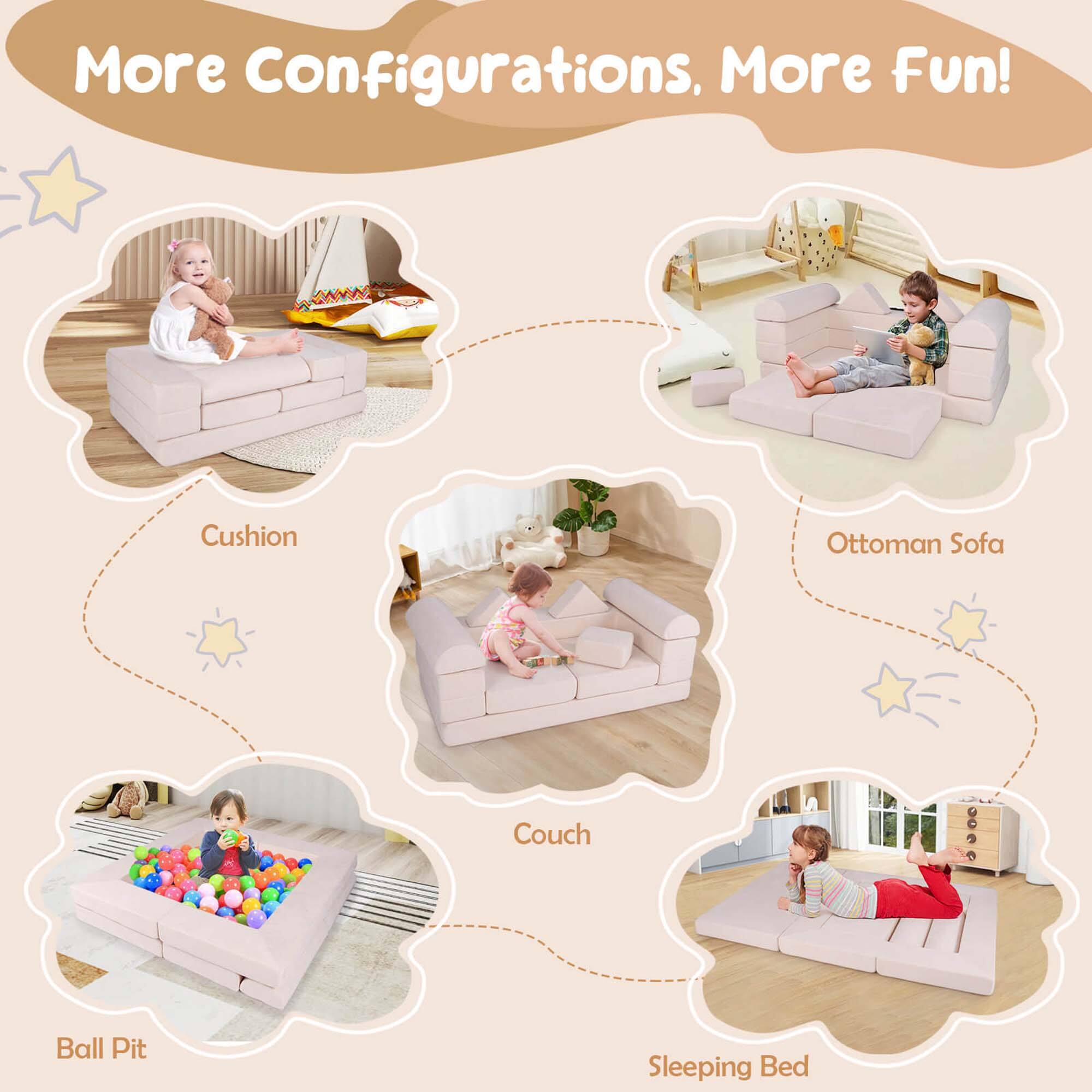 More Configurations, More Fun!

- Cushion
- Ottoman Sofa
- Couch
- Ball Pit
- Sleeping Bed