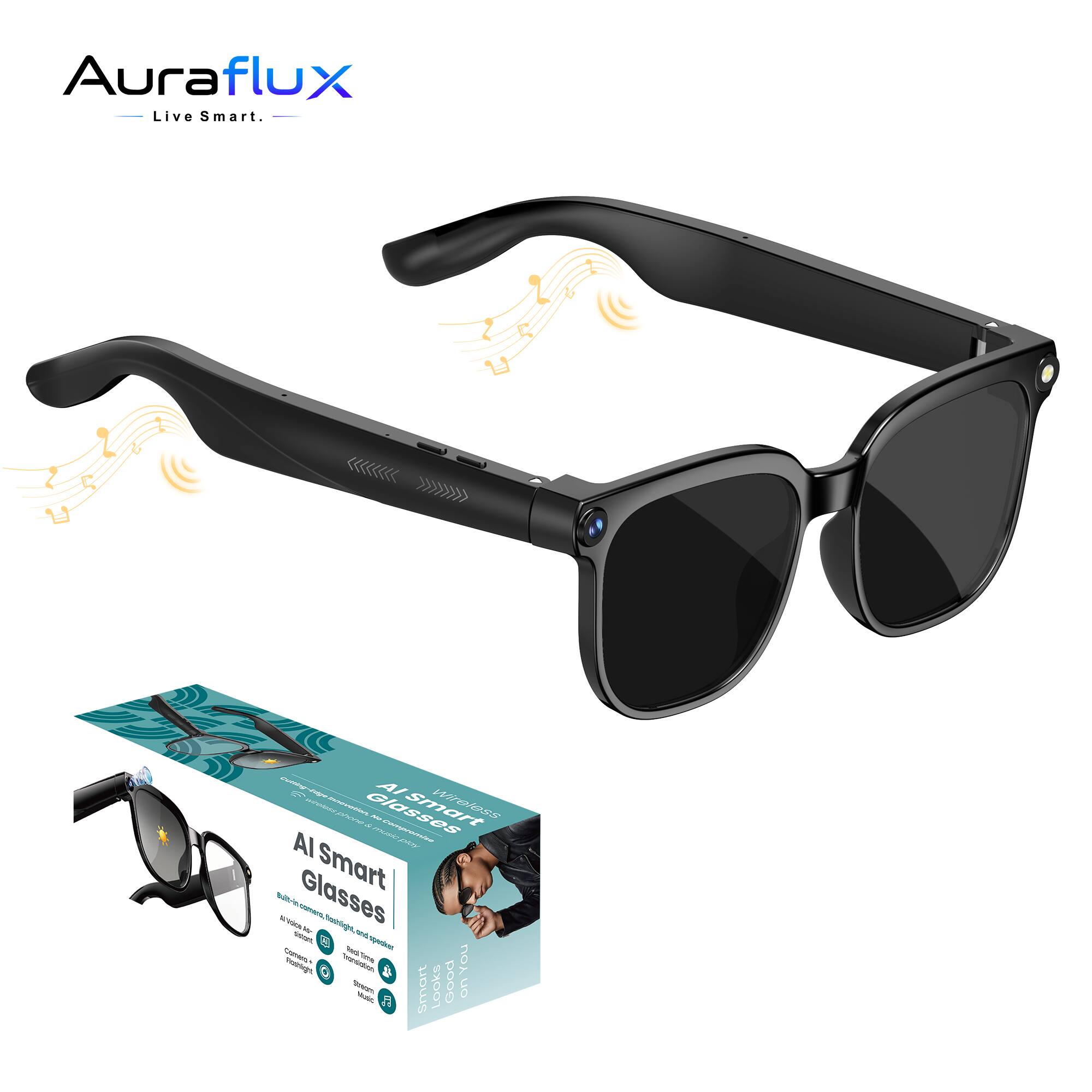 Auraflux X Live Smart. - AI Nera n HlO - Wraioss MC/ JST AI Smart - - - a 1 Glasses Tig - M - a S - Coman - - So YOU an Q & - - A smart LOOKs Dooo UO