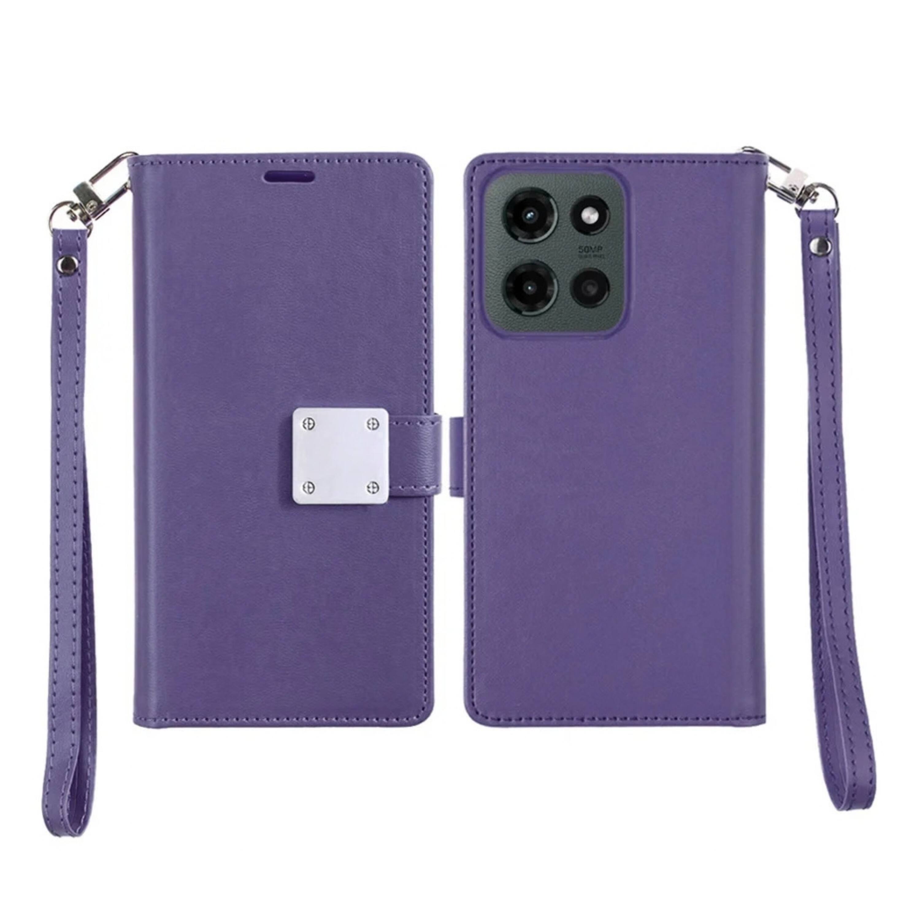 Angle. Kitcheniva - Soft Touch PU Leather Card Holder Phone Case With Tempered Glass For Moto G Stylus 2025 2026 Purple - Purple.