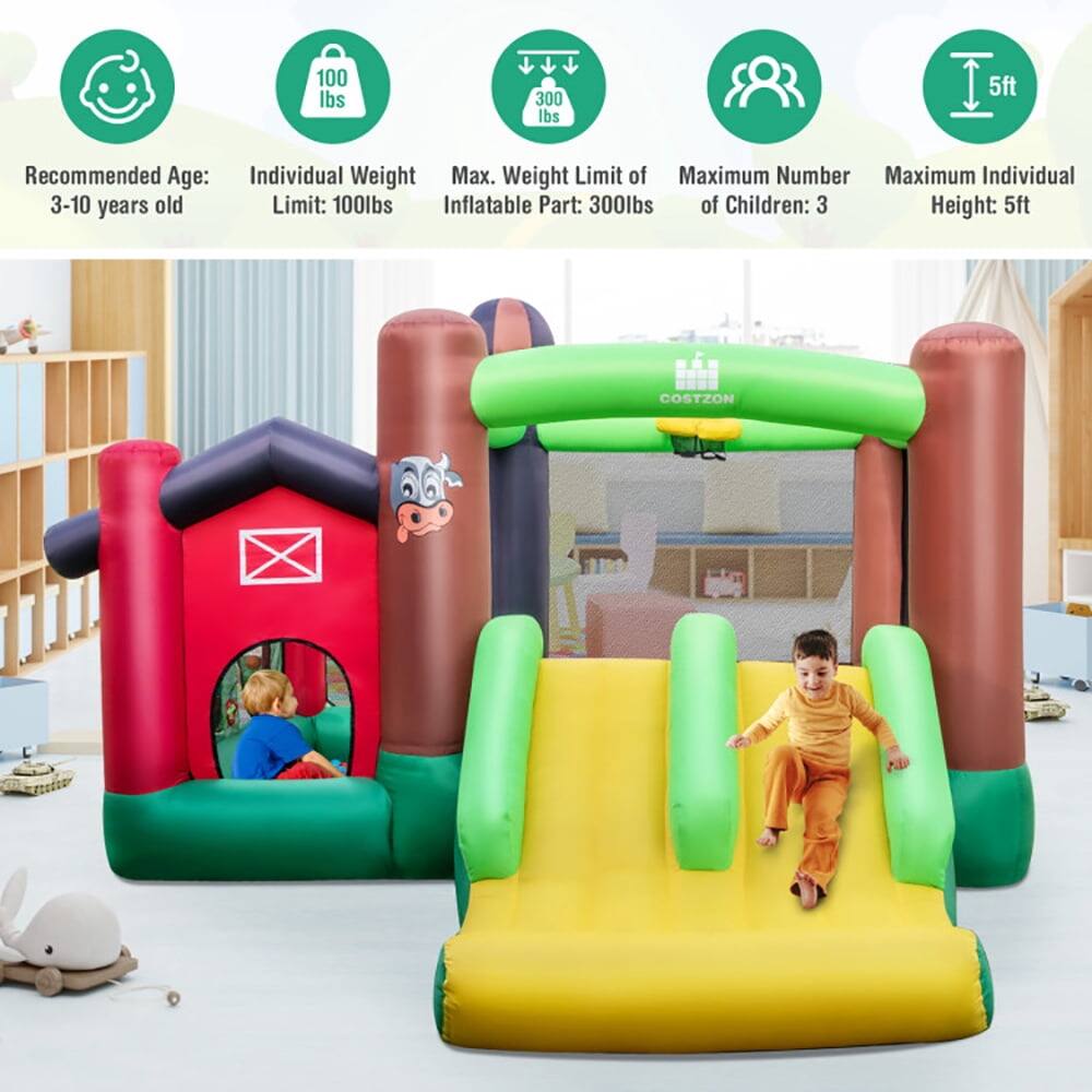Recommended Age: 3-10 years old  
Individual Weight Limit: 100lbs  
Max. Weight Limit of Inflatable Part: 300lbs  
Maximum Number of Children: 3  
Maximum Individual Height: 5ft