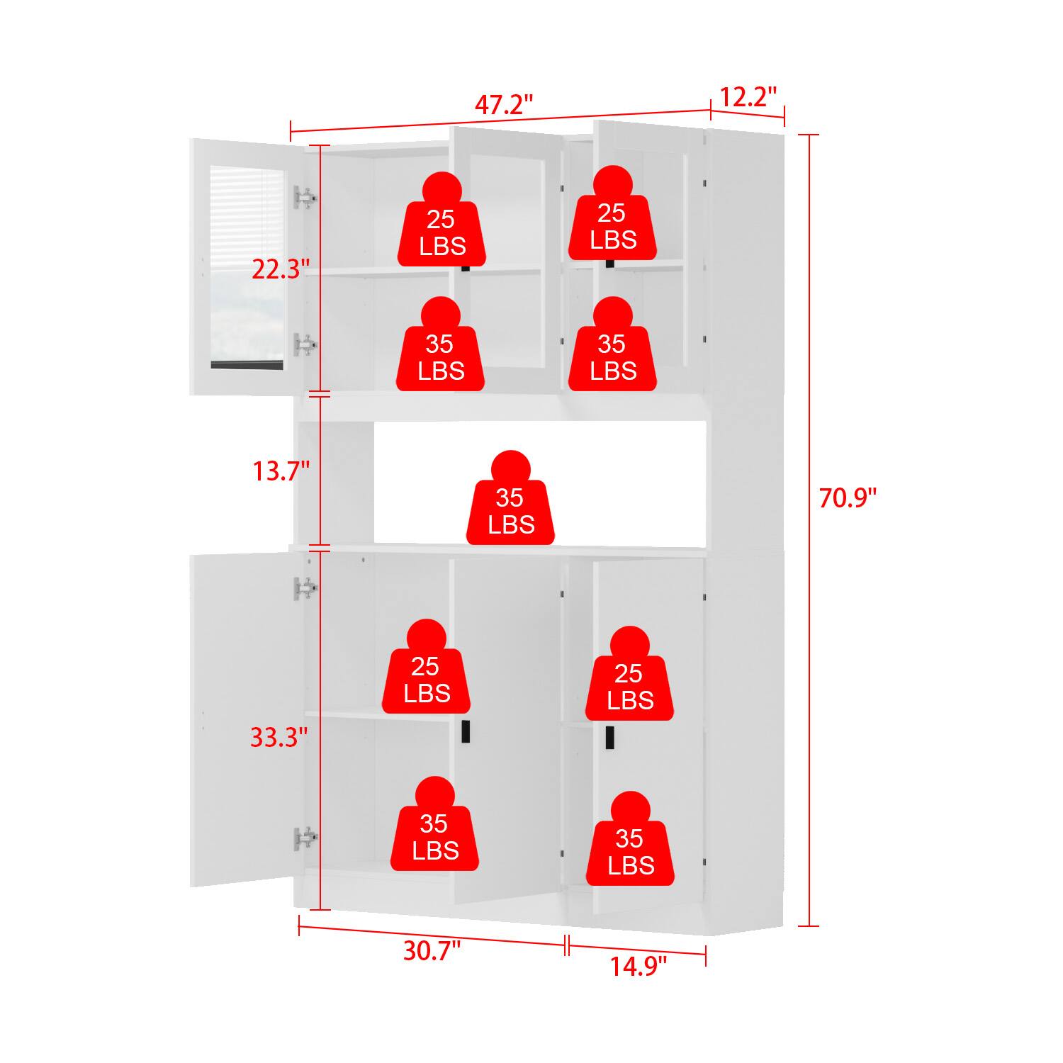47.2"  
12.2"  
22.3"  
13.7"  
33.3"  
30.7"  
14.9"  
70.9"  

25 LBS  
35 LBS  
25 LBS  
35 LBS  
35 LBS  
25 LBS  
35 LBS  
25 LBS  
35 LBS