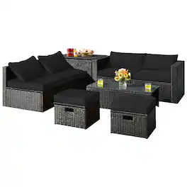 Costway - 8PCS Patio Rattan Furniture Set Storage Table Ottoman cover - Black