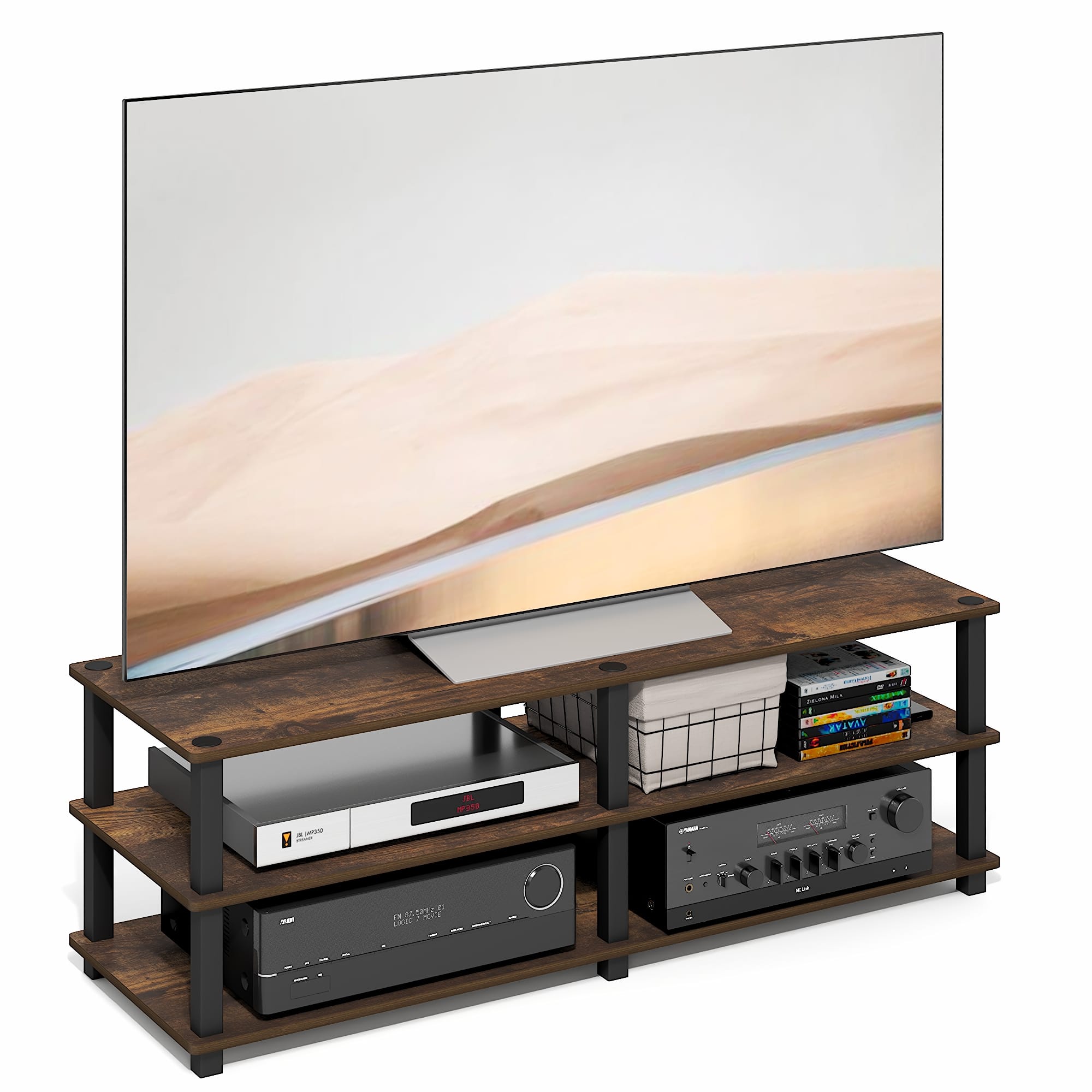 Furinno - TURN-S-TUBE TV Stand, 3-Tier Open Frame Design Entertainment Center, TV Console for TV up to 46 Inch, Toolless Assembly - Amber Pine/Black