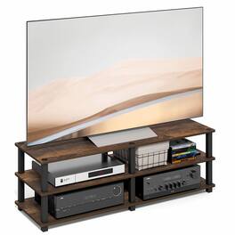 Furinno - TURN-S-TUBE TV Stand, 3-Tier Open Frame Design Entertainment Center, TV Console for TV up to 46 Inch, Toolless Assembly - Amber Pine/Black