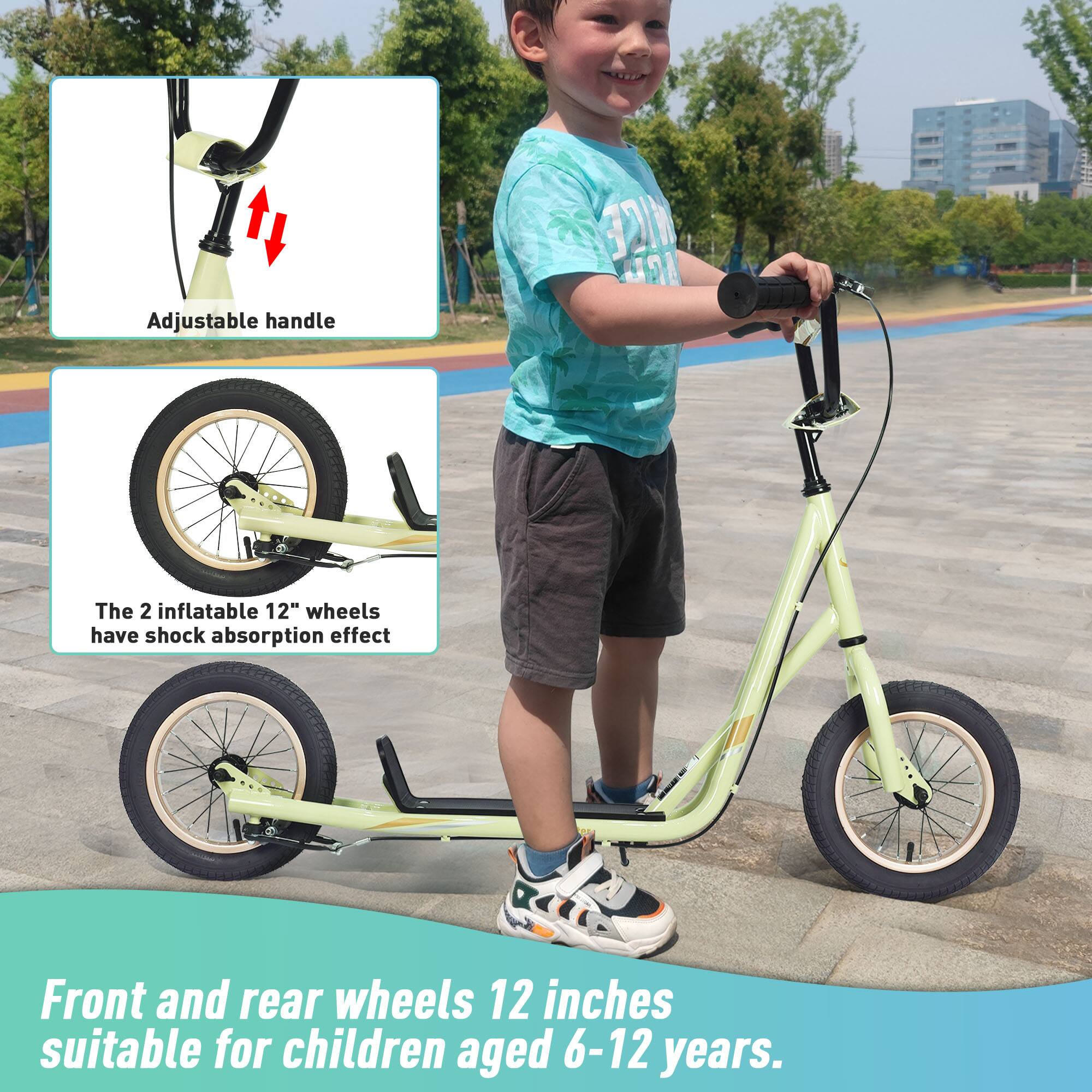 Adjustable handle

The 2 inflatable 12" wheels have shock absorption effect

Front and rear wheels 12 inches suitable for children aged 6-12 years.