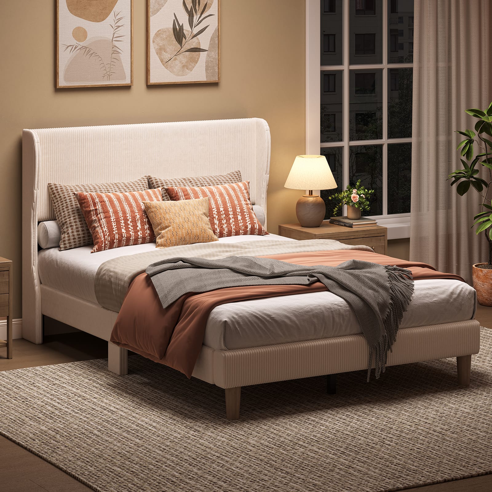 Bestier - Wood Frame Corduroy Upholstered Platform Bed Frame with Wingback Headboard - Off White