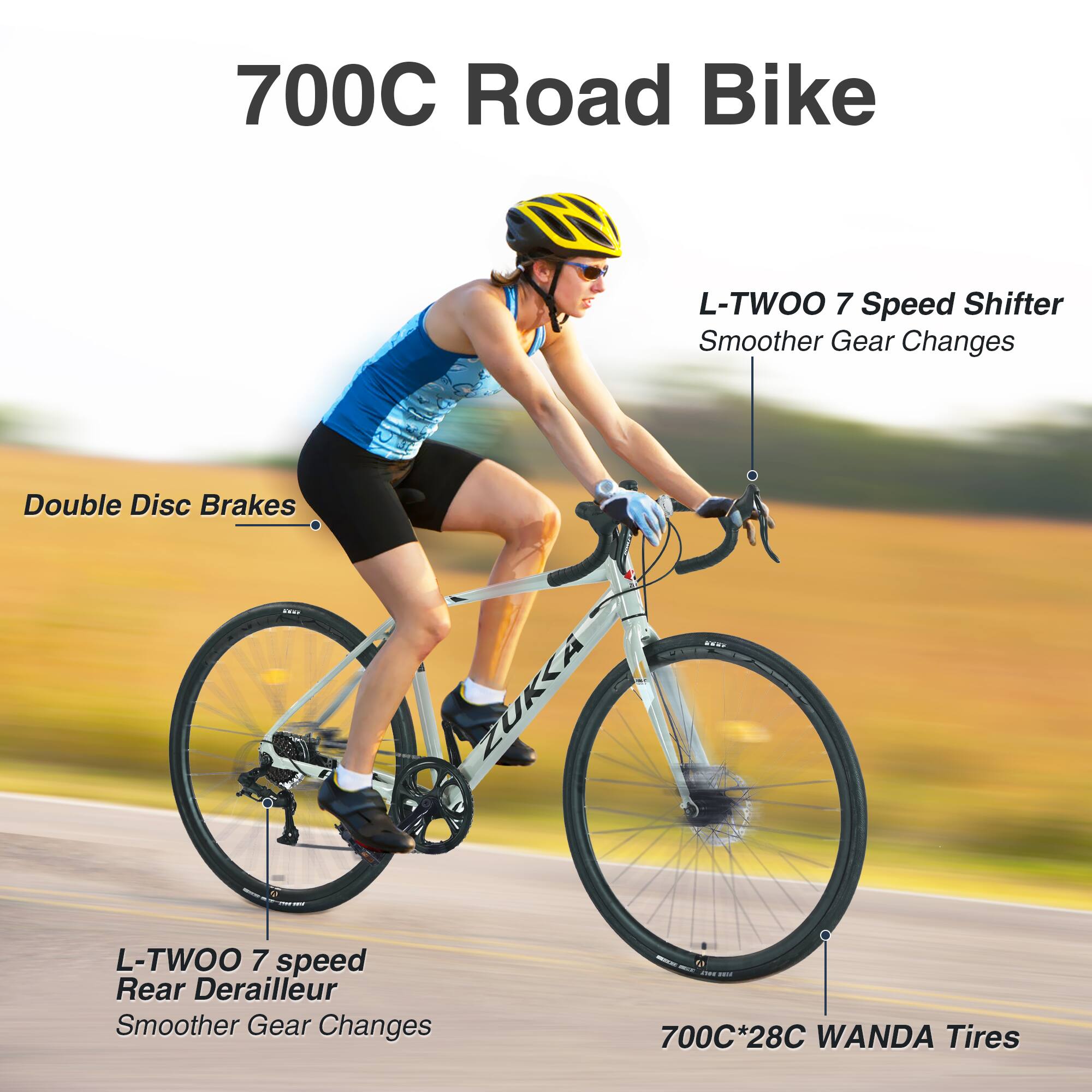 700C Road Bike

- L-TWOO 7 Speed Shifter
  - Smoother Gear Changes

- Double Disc Brakes

- L-TWOO 7 Speed Rear Derailleur
  - Smoother Gear Changes

- 700C*28C WANDA Tires