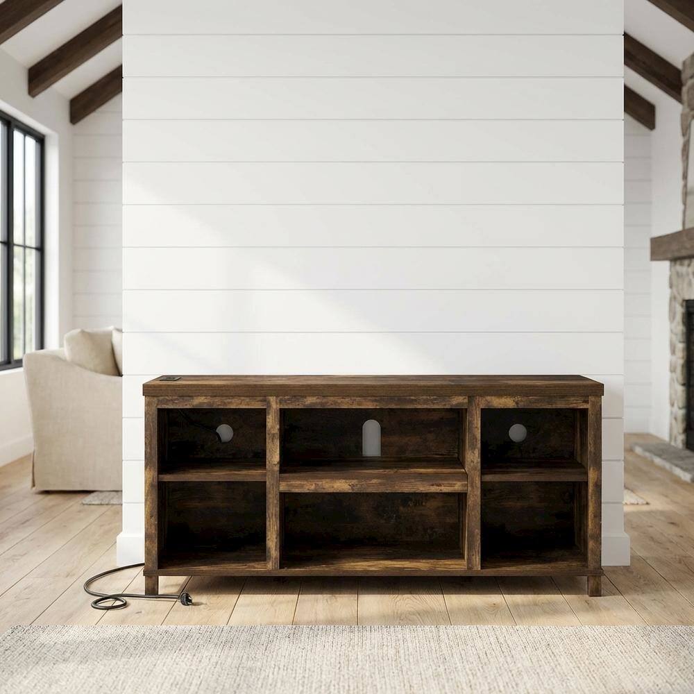 Angle. FurniFact - Wooden 3-Tier Entertainment Center for TV up to 55 Inch - Amber Pine.
