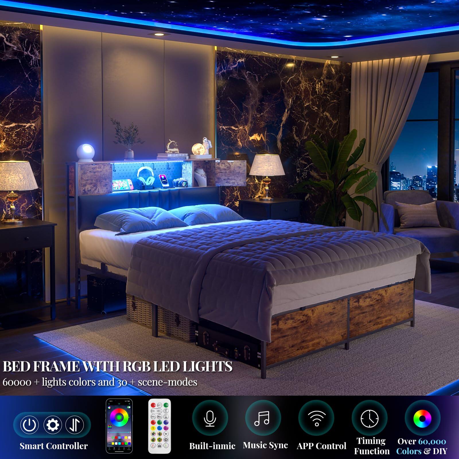 BED FRAME WITH RGB LED LIGHTS  
60000+ lights colors and 30+ scene-modes  
1 Smart Controller  

- Built-in mic  
- Music Sync  
- APP Control  
- Timing Function  
- Over 60,000 Colors & DIY