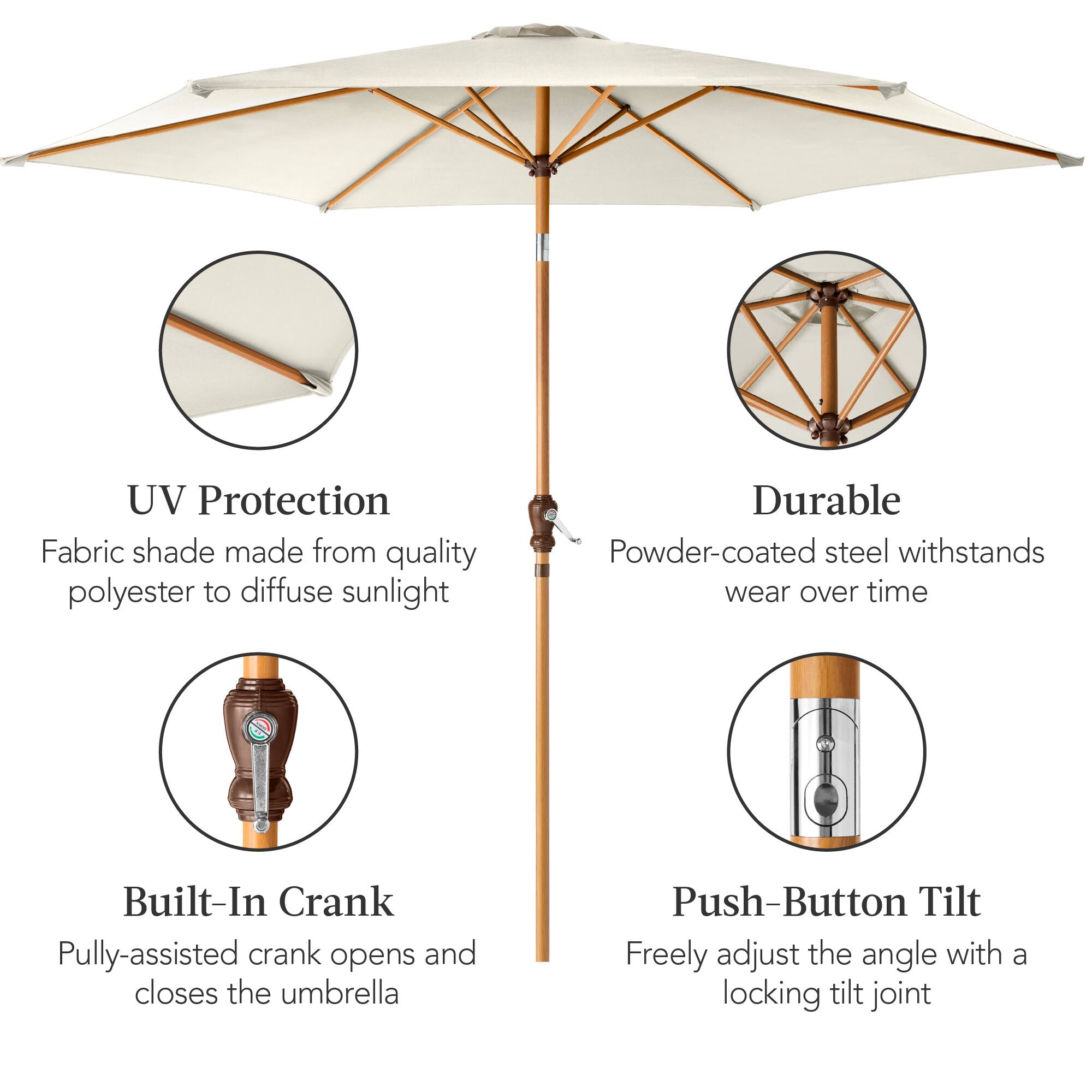 UV Protection  
Fabric shade made from quality polyester to diffuse sunlight  

Durable  
Powder-coated steel withstands wear over time  

Built-In Crank  
Pully-assisted crank opens and closes the umbrella  

Push-Button Tilt  
Freely adjust the angle with a locking tilt joint