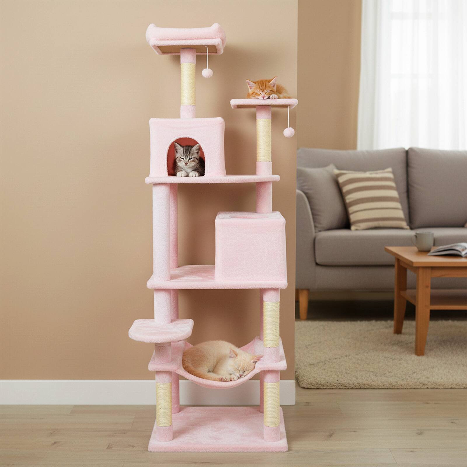 Alt View 4. Costway - Costway 70" Cat Tree for Indoor Cats with Padded Top Perch, Dual Condos, Hammock, Platforms - Pink.