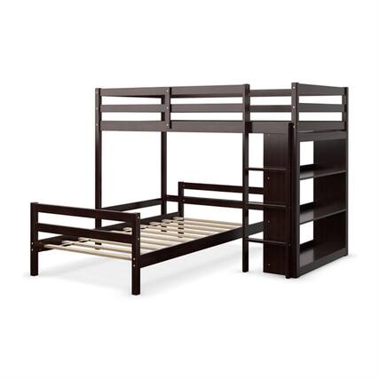 Front. Pefilos - Twin Over Twin Loft Bunk Bed with Bookcase, Space-saving Solid Wood House Bed Frame - Brown.