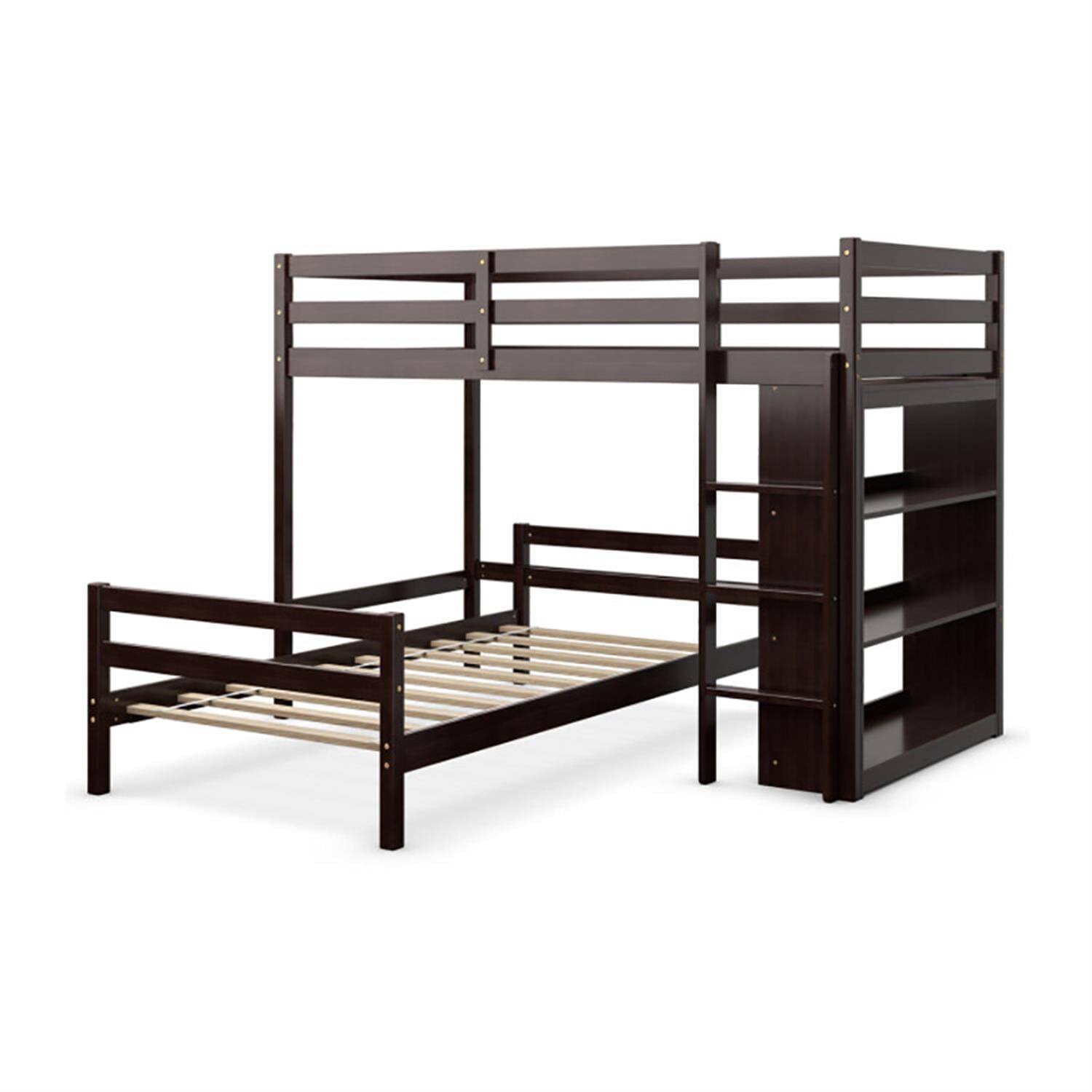 Front. Pefilos - Twin Over Twin Loft Bunk Bed with Bookcase, Space-saving Solid Wood House Bed Frame - Brown.