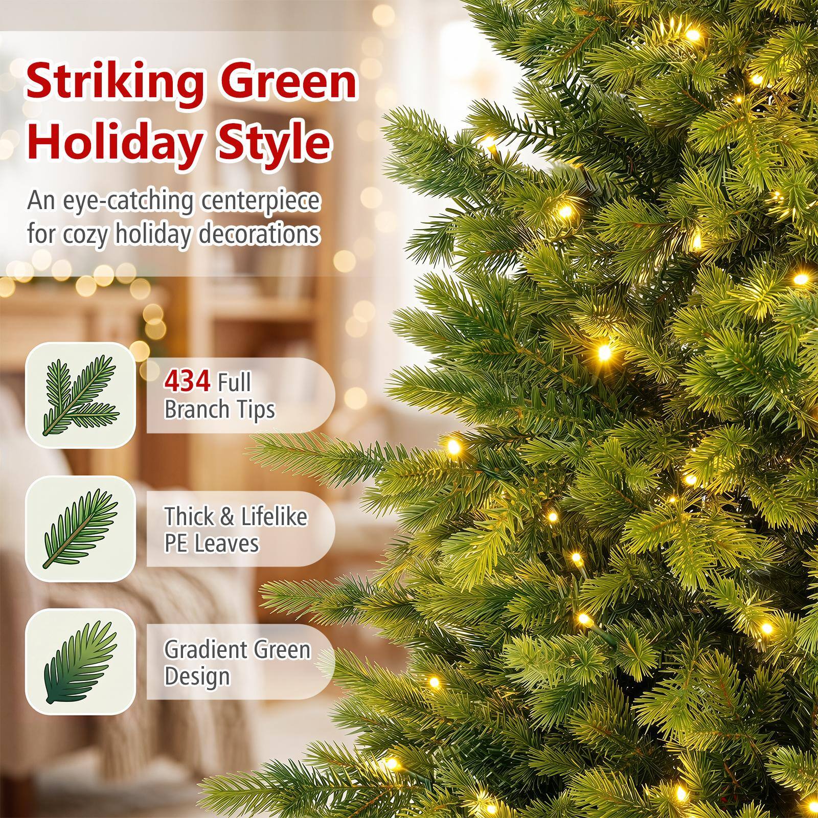 Striking Green Holiday Style  
An eye-catching centerpiece for cozy holiday decorations

434 Full Branch Tips  
Thick & Lifelike PE Leaves  
Gradient Green Design