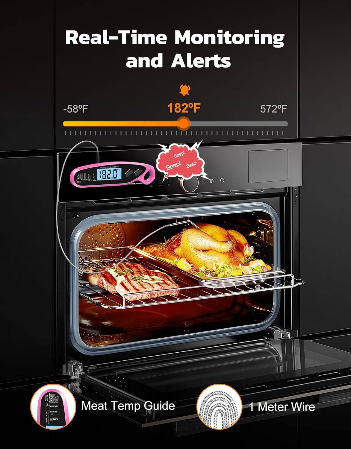 Real-Time Monitoring and Alerts
-58°F
182°F
572°F
182.0
Beep! Beep! Beep!
Meat Temp Guide
1 Meter Wire