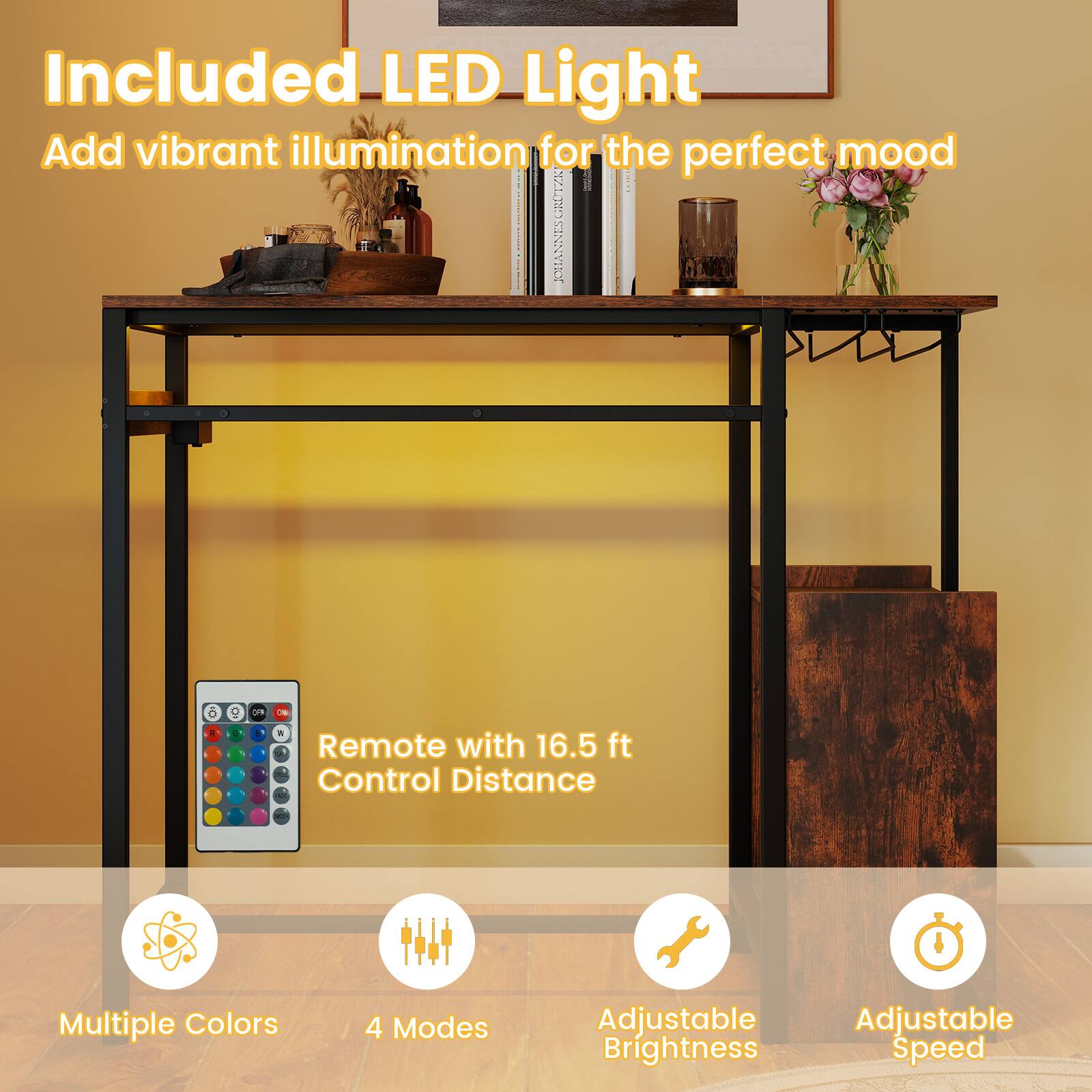 Included LED Light  
Add vibrant illumination for the perfect mood  

Remote with 16.5 ft Control Distance  

Multiple Colors  
4 Modes  
Adjustable Brightness  
Adjustable Speed