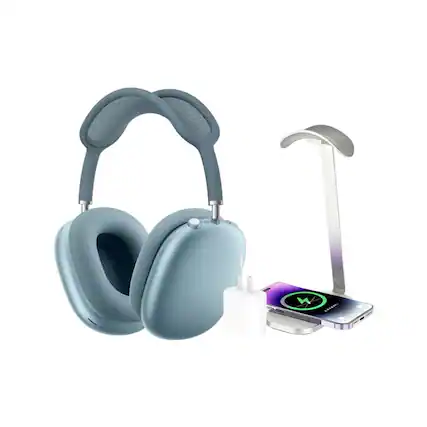 Front. Apple - Apple - AirPods Max (USB-C) - Blue + Power Adapter, Headphone Stand/Charging Pad.