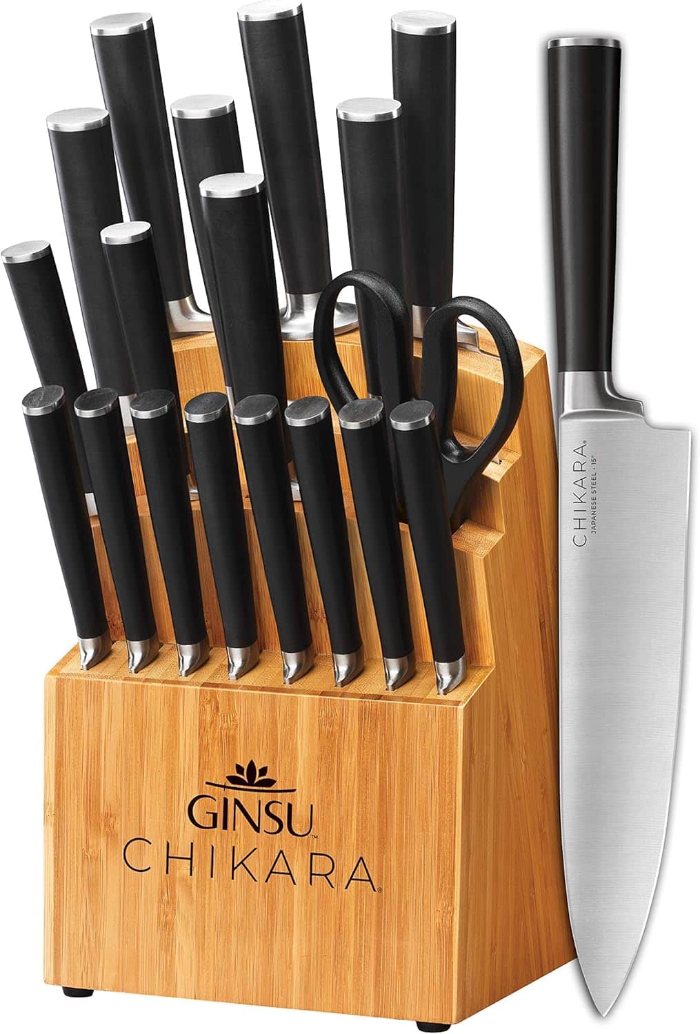Ginsu - Chikara Series Forged 19-Piece Japanese Knife Set - with 420J Stainless Steel Kitchen Knives and Bamboo Block - Black