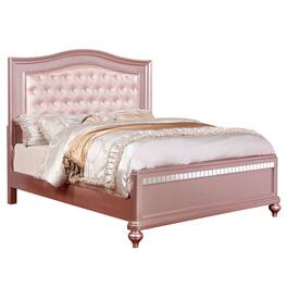 Manhattan Lane - Twin Size Wooden Bed With Mirror Trim Details and Camelback Headboard, Pink - Pink
