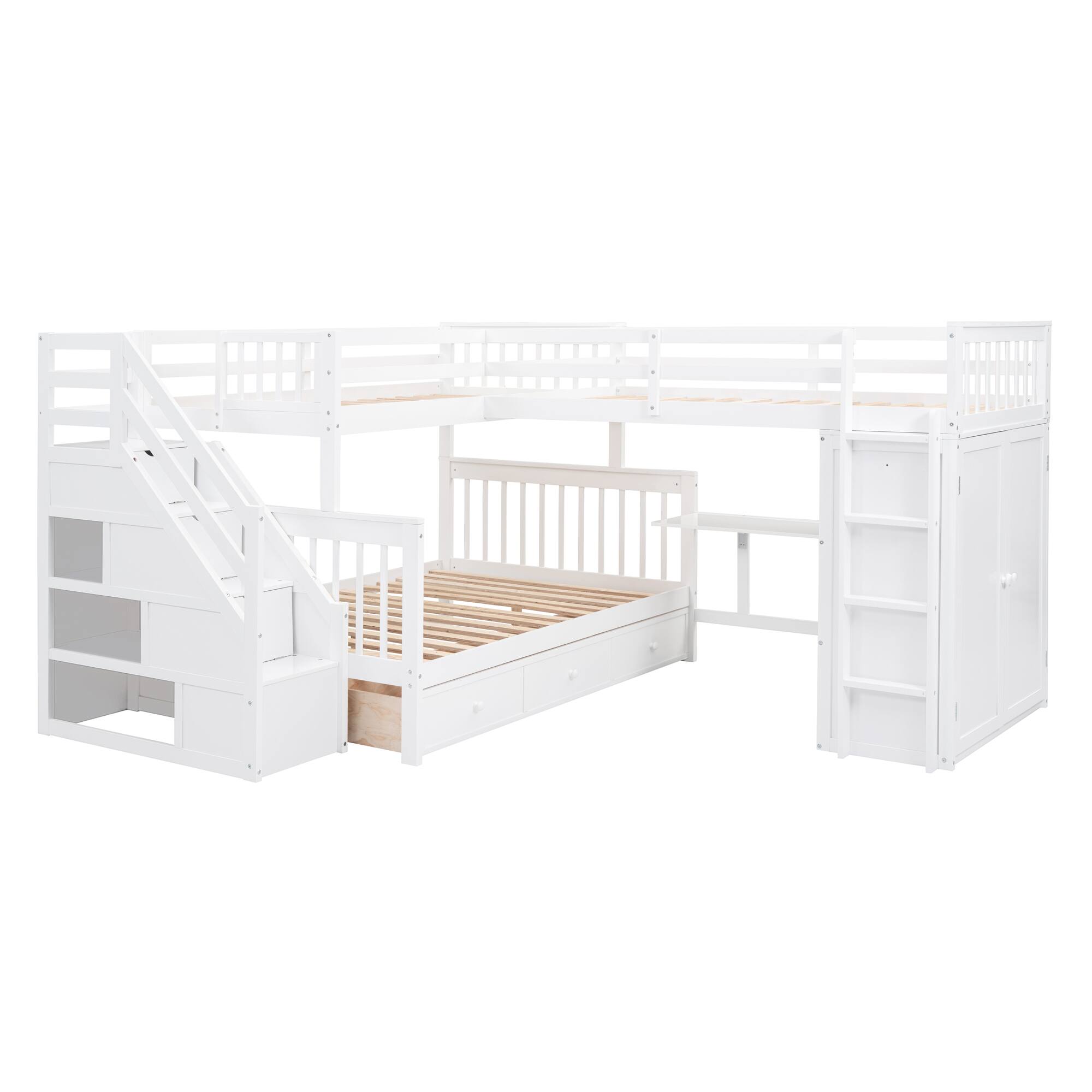 Alt View 8. Tiramisubest - Twin-Twin L-Shaped Bunk Bed, 3 Drawers, Portable Desk, Wardrobe, White - White.