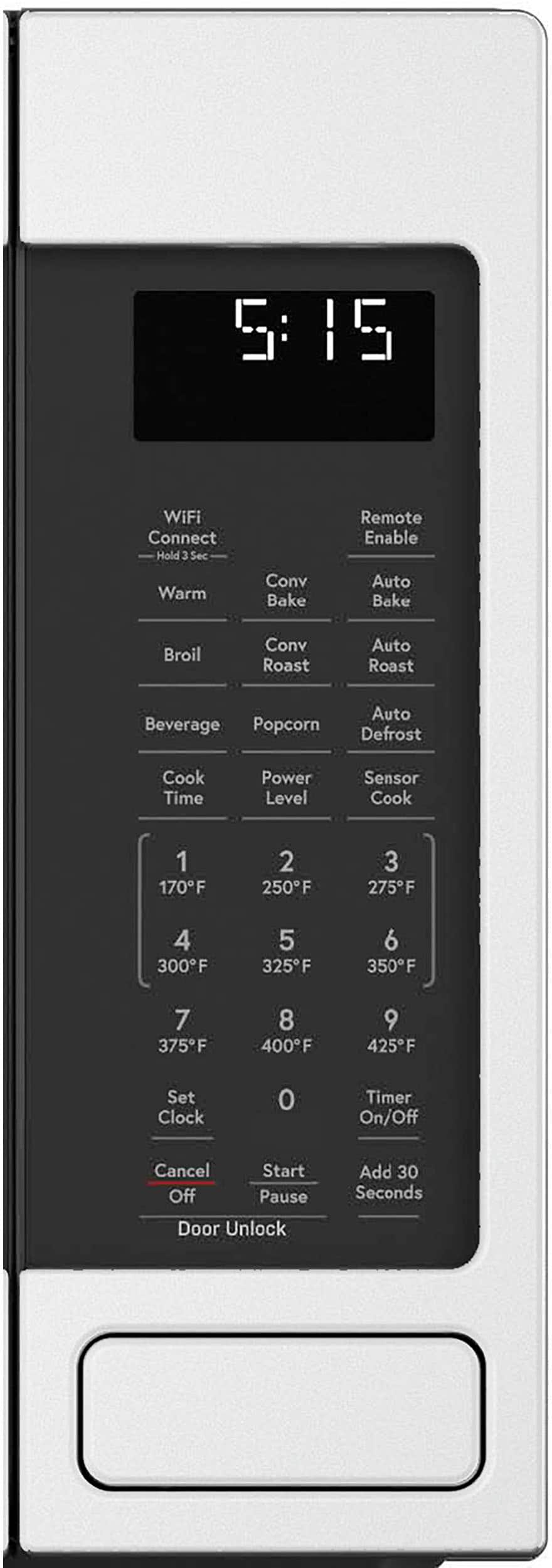 The text on the image is grouped and corrected as follows:
5:15 WiFi Connect Hold 3 Sec Remote Enable Warm Conv Bake Auto Bake Broil Conv Roast Auto Roast Beverage Popcorn Auto Defrost Cook Time Power Level Sensor Cook 1 170F 2 250F 3 275F 4 300F 5 325F 6 350F 7 375F 8 400F 9 425F Set Clock 0 Timer On/Off Cancel Start Off Pause Door Unlock Add 30 Seconds