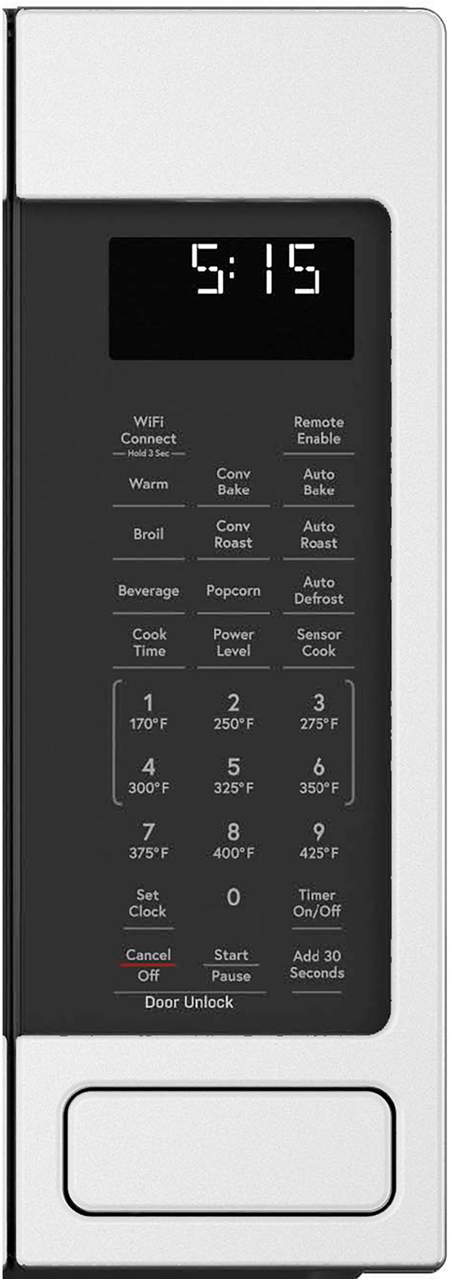The text on the image is grouped and corrected as follows:

5:15 WiFi Connect Hold 3 Sec Remote Enable Warm Conv Bake Auto Bake Broil Conv Roast Auto Roast Beverage Popcorn Auto Defrost Cook Time Power Level Sensor Cook 1 170F 2 250F 3 275F 4 300F 5 325F 6 350F 7 375F 8 400F 9 425F Set Clock 0 Timer On/Off Cancel Start Off Pause Door Unlock Add 30 Seconds
