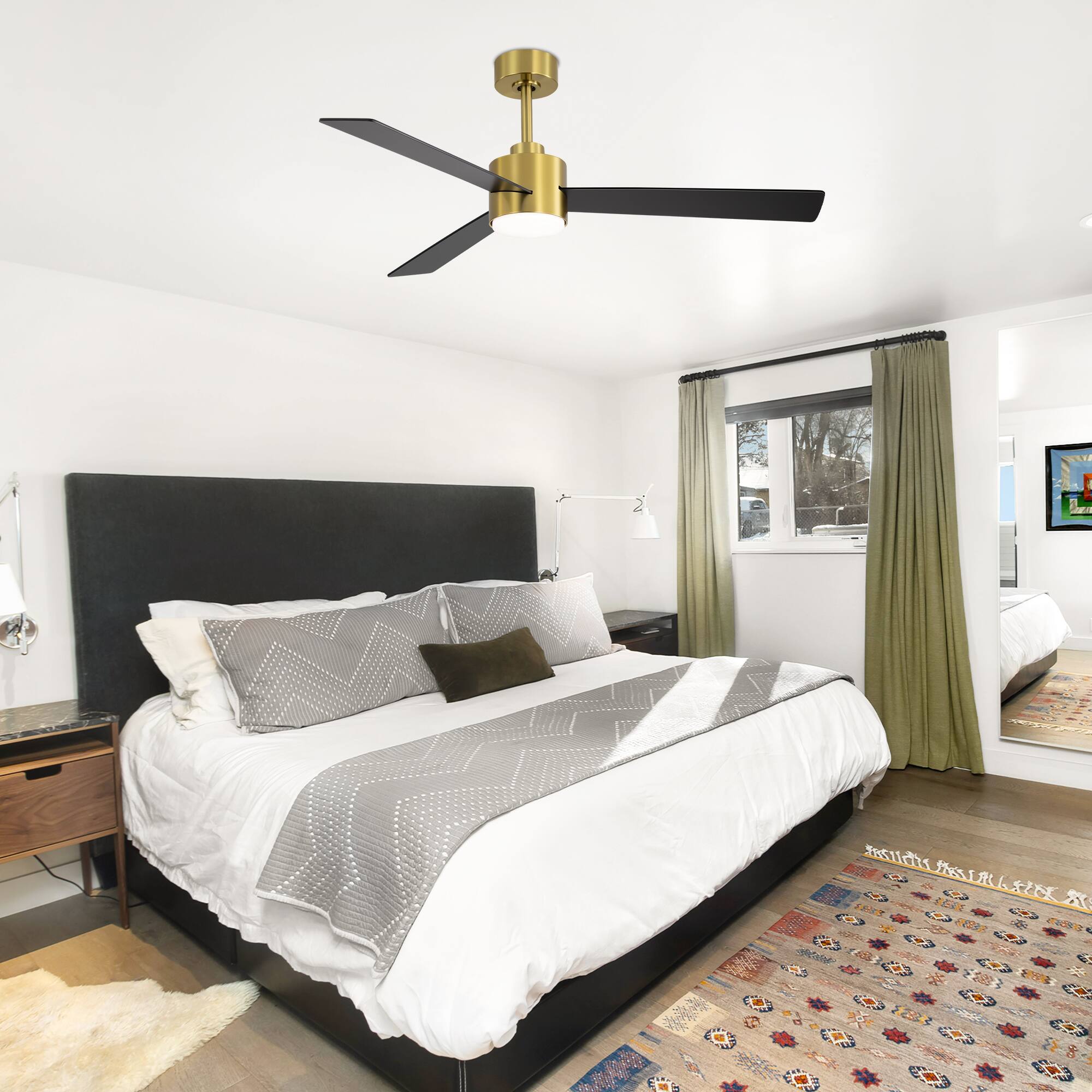 Alt View 2. Breezary - 52" Indoor Ceiling Fan, 3 Plywood Blades, 6-Speed DC Motor, Remote & Timer, 5" & 10" Downrods, LED Light/No Light Option - Gold and Black (With Light).