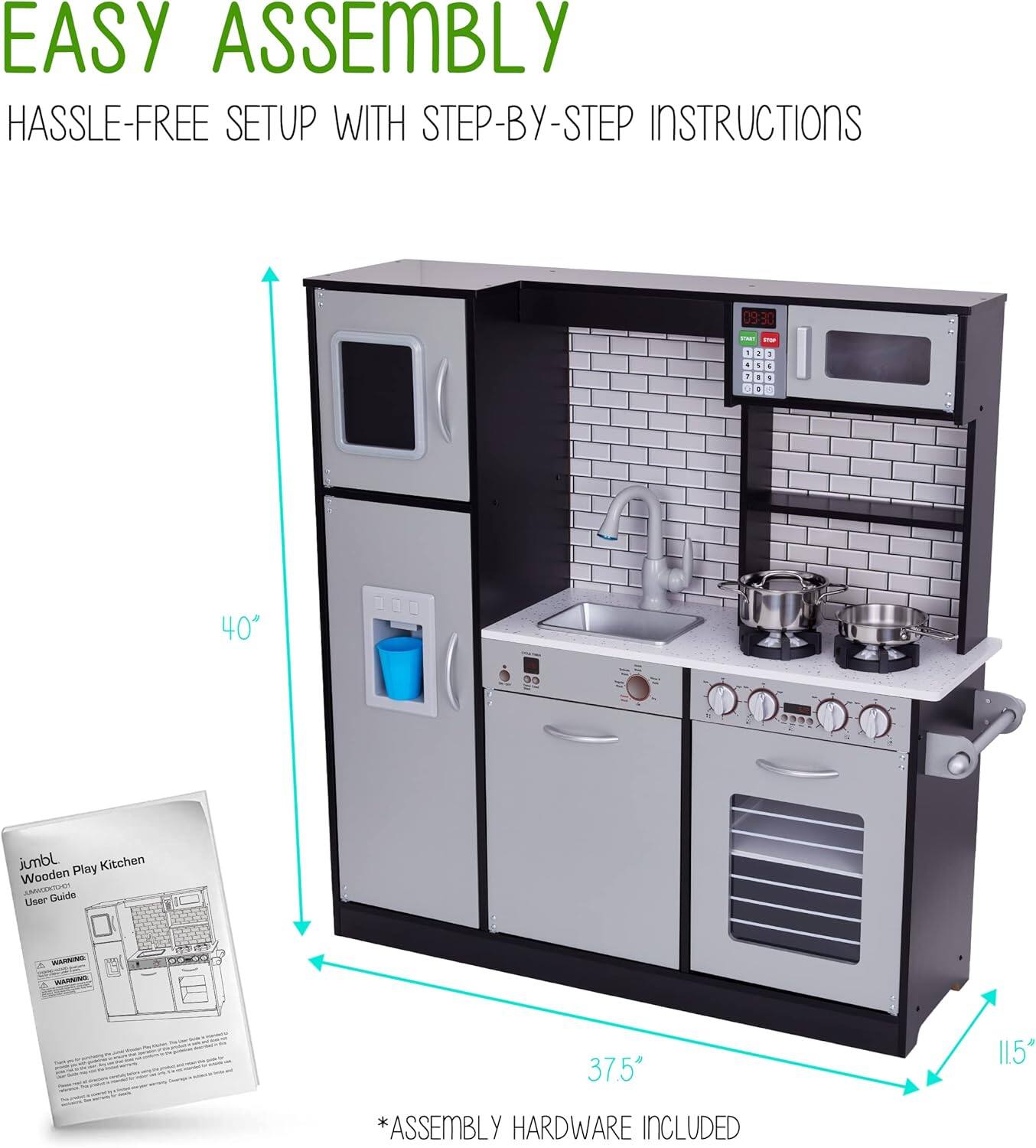 EASY ASSEMBLY HASSLE-FREE SETUP WITH STEP-BY-STEP INSTRUCTIONS

*ASSEMBLY HARDWARE INCLUDED

Jomi Play Kitchen Wooden User Guide

40"

37.5"

115"